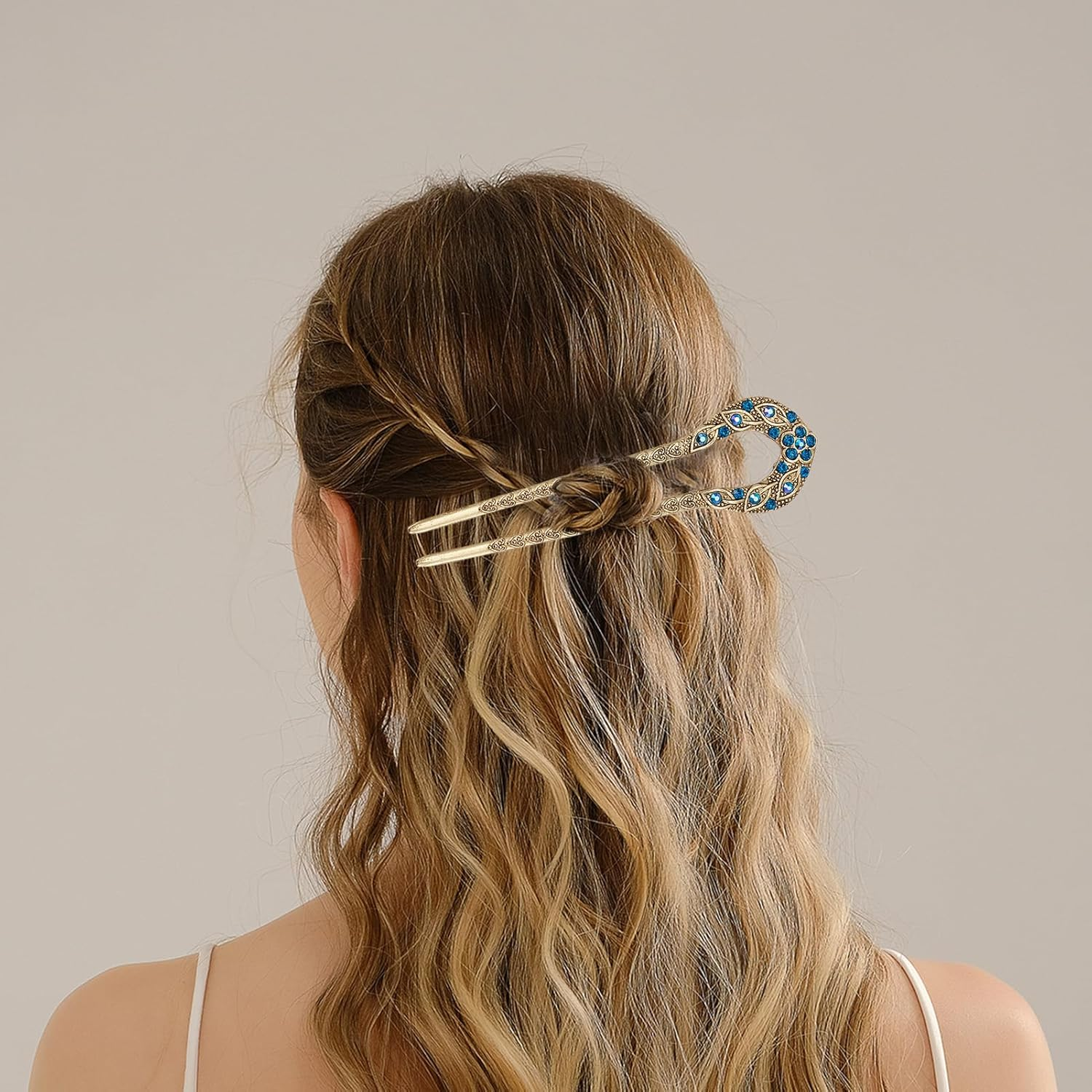 NICENEEDED 5 PCS Vintage U-Shaped Hair Forks, French Double Prong Rhinestone Crystal Hairpin, Classical Alloy Hair Accessories for Wedding Party Holiday Daily image number 3