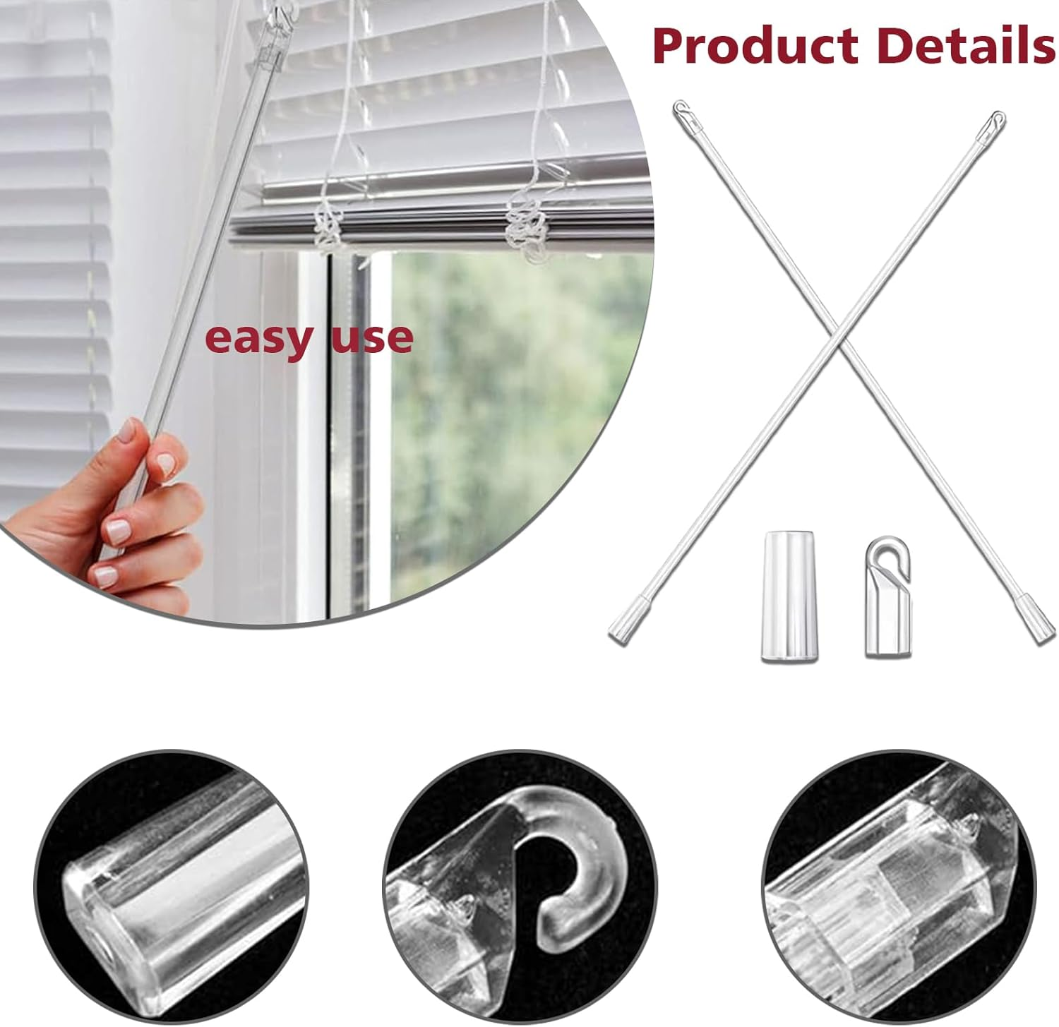 17 Inch Long Vertical Blind Wand, Window Blind Tilt Rod, ZGWANSUI Blind Tilt Wand Replacement with Hook and Grip, Blinds Replacement Wand Clear, Blind Control Stick Parts, Opener Accessory (2 Pack) - 6 Pack image number 4