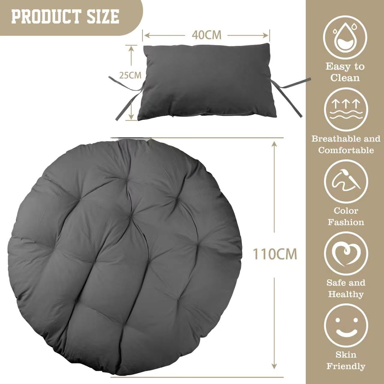 Hanging Egg Chair Cushion 44"X44", Egg Chair Cushion Replacement Outdoor, round Thick Cushion for Swing Chairs, Washable Hammock Chair Cushion Cover, Patio Furniture Cushions Beige (Black, 44Inx44In) image number 6