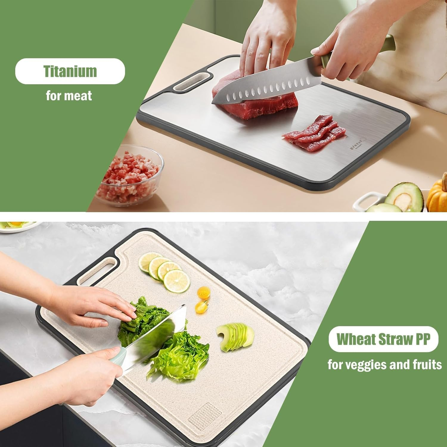 Titanium Cutting Board for Kitchen, 15&rdquo; Double Sided Cutting Board Pure Titanium and Wheat Straw PP for Meat & Veggie, Non-Slip image number 4