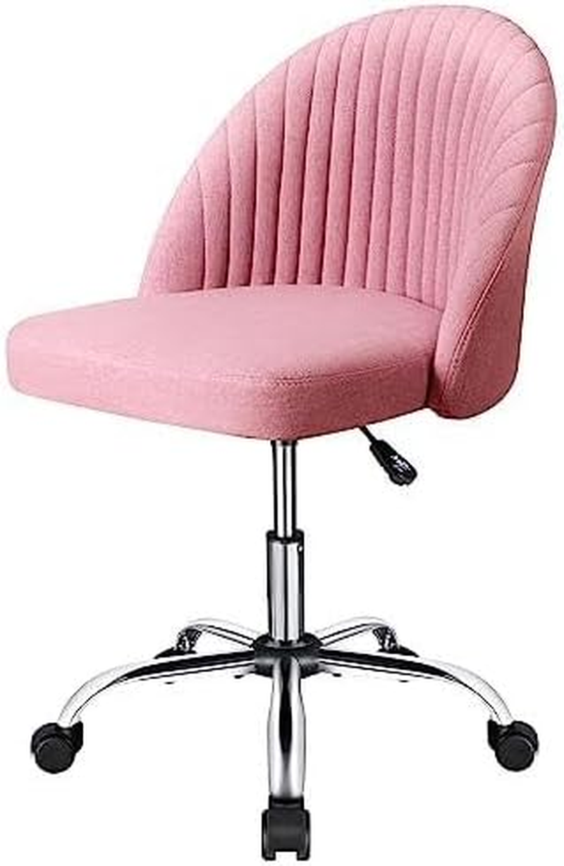 Office Chair Mid-Back Armless Swivel Task Chair with Adjustable Height, Modern Fabric Upholstered Desk Chair with Wheels, Vanity Chair for Home Office, Bedroom, Living Room (Pink)