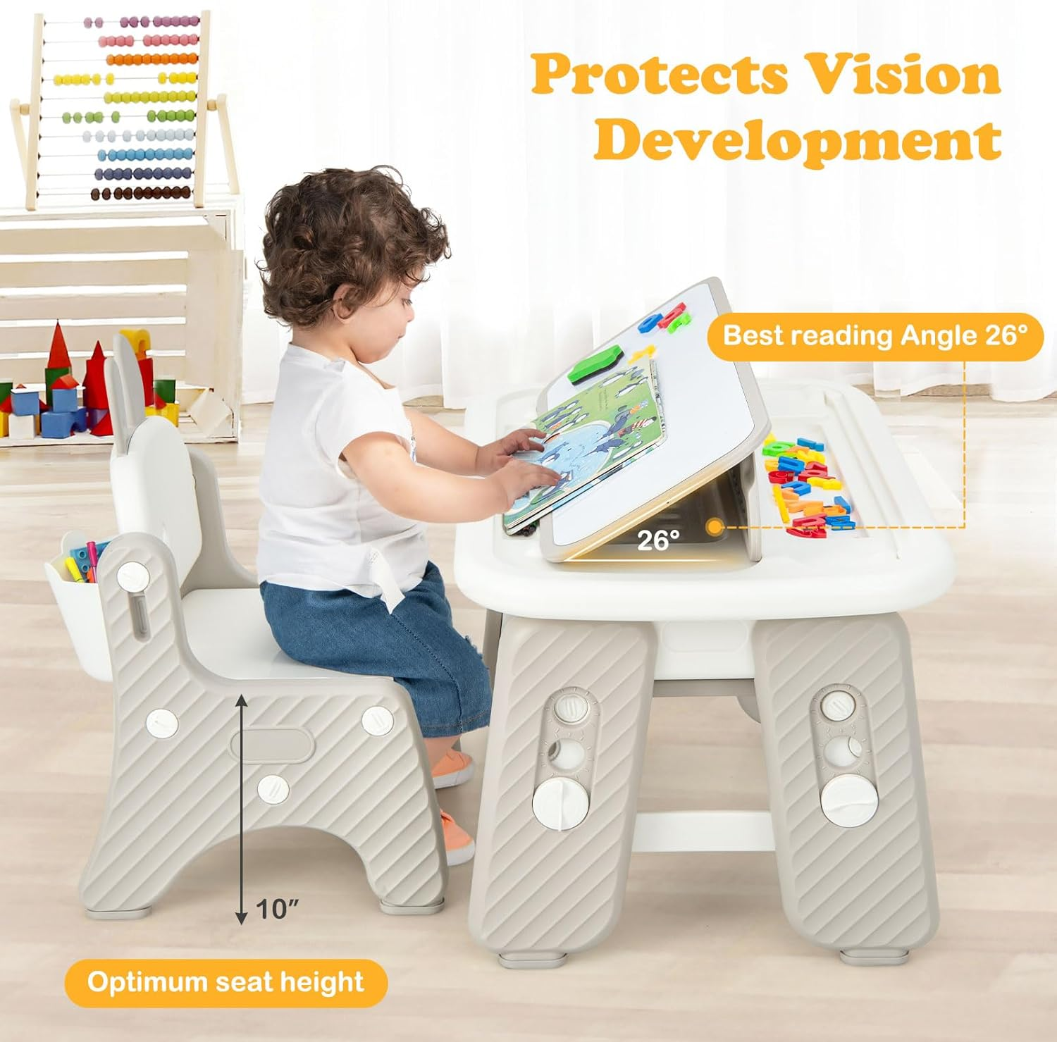 INFANS Kids Table and Chair Set, Activity Table with Magnetic Drawing Board 4 Gears Adjustable Height Bookshelf Watercolor Pens, Toddler Plastic Furniture Table for Playing Reading Eating image number 2