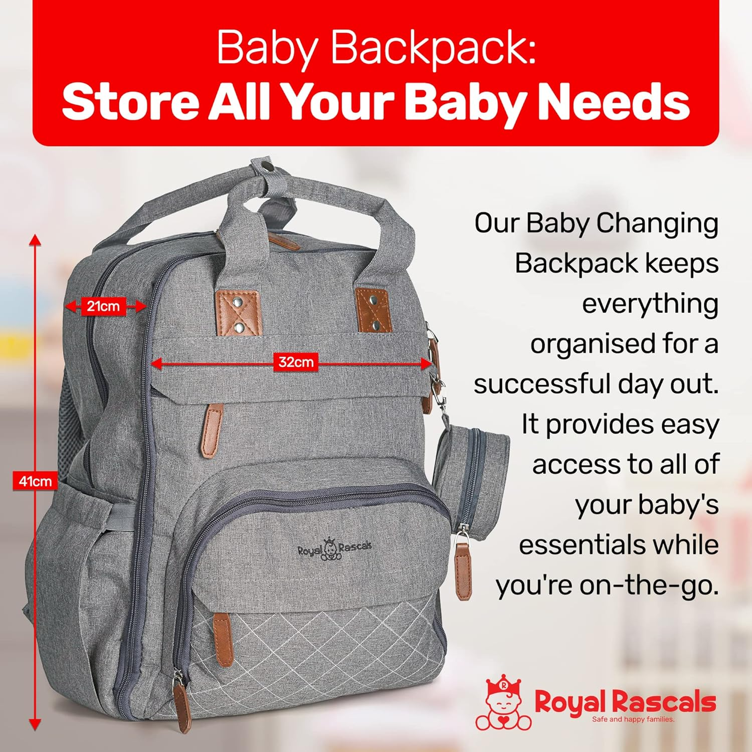 Royal Rascals Baby Changing Bag Backpack, Nappy Bag Backpack for Mum & Dad, Diaper Bag, Baby Bag - Stores Nappies, Bottles, Wipes Dispenser & More - Includes Portable Baby Changing Mat image number 6