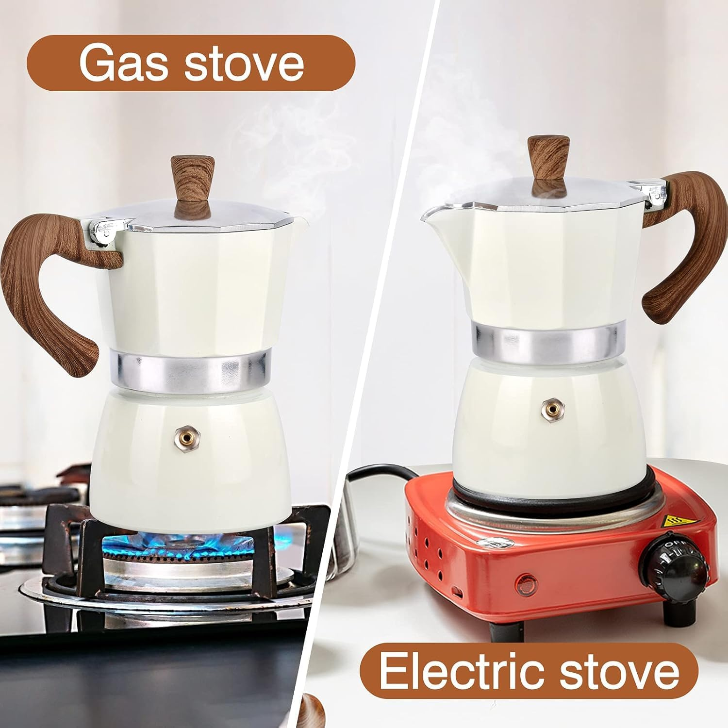 Bolero 3-Cup Moka Pot Stovetop Espresso Maker - Italian Aluminium Caffettiera Coffee Maker, Portable & Easy to Use (White-5 Oz, Small) image number 2