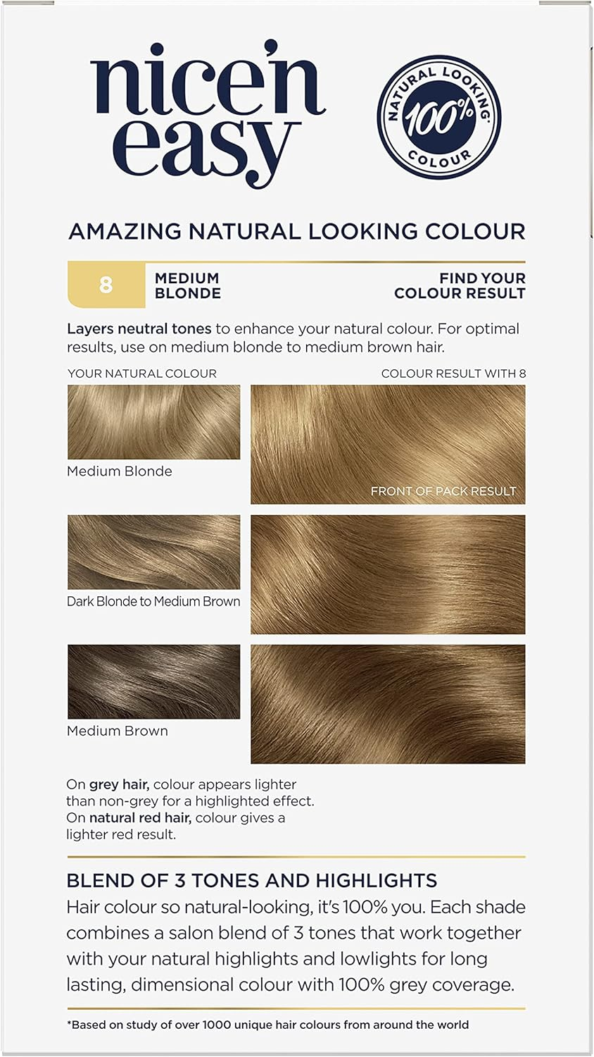 Clairol Nice 'N Easy Permanent Hair Colour 8 Medium Blonde, 100 Percent Grey Coverage, Natural Looking Hair Colour image number 3