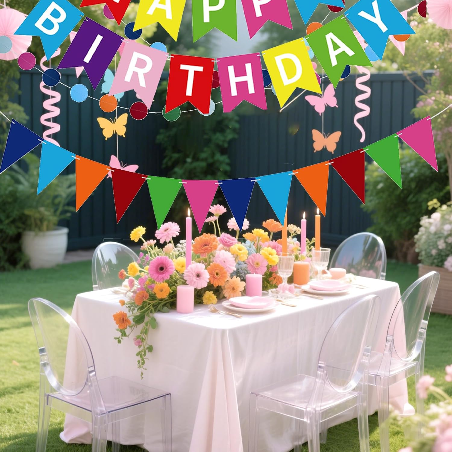 Birthday Party Decoration Gifts with 7 Honeycomb Balls and 1 Colorful Pennant Hanging Paper Fan Reusable Birthday Banner Suitable for Birthday Parties of Different Ages image number 3