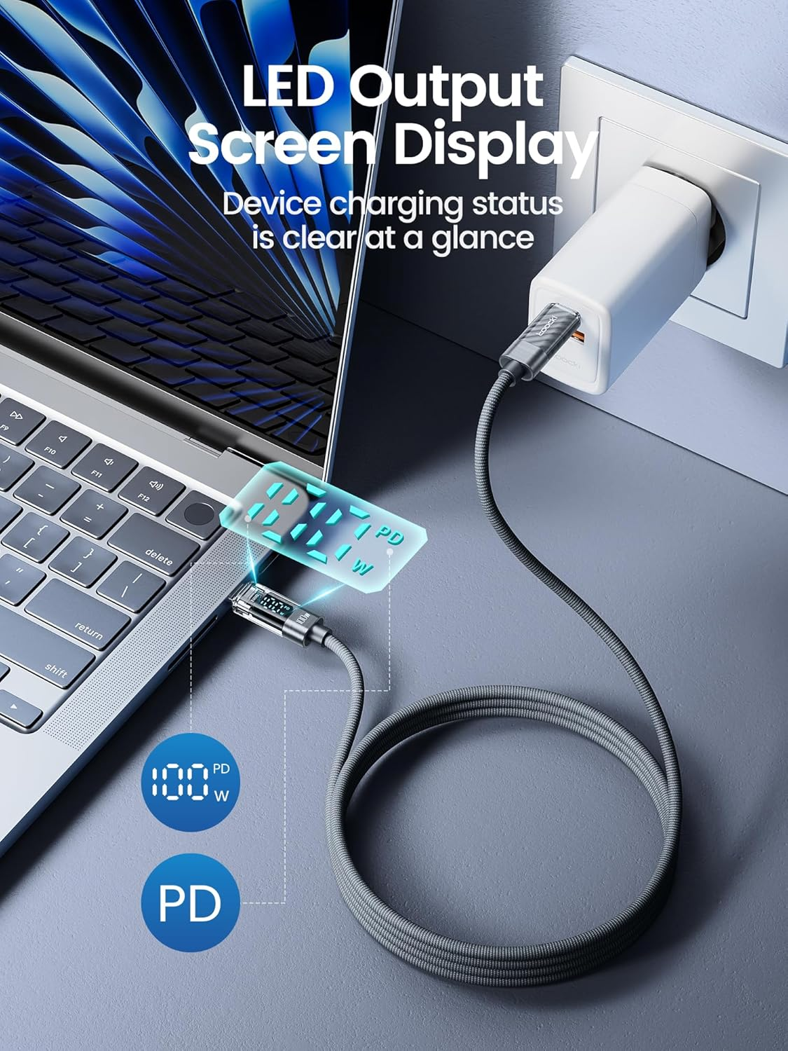 100W USB C to USB C Fast Charging Cable, 2M PD 5A Type C Cord with Intuitive Power Display & Tough Nylon Braid, Compatible with Iphone 17 16 15 Pro plus Pro Max Air Macbook Ipad Galaxy S25/S24/S23 image number 2