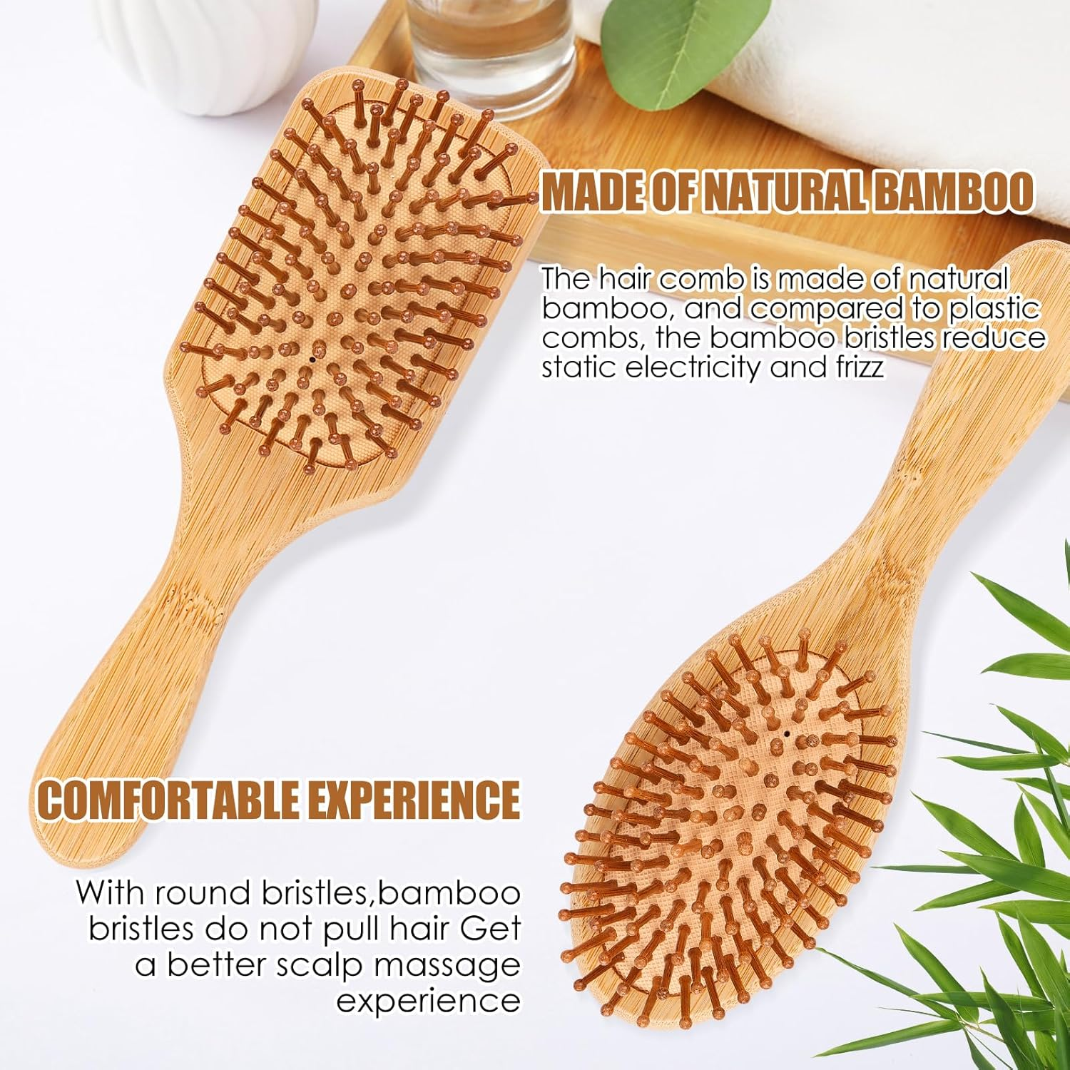 AKONE Bamboo Hair Brush, Pack of 2, Natural Wooden Hair Brushes, round Head, Bamboo Teeth, Air Cushion, No Hair Damage, Portable Hair Massage Brush, Women'S Eco-Friendly Hair Care, Female Personal Use image number 1
