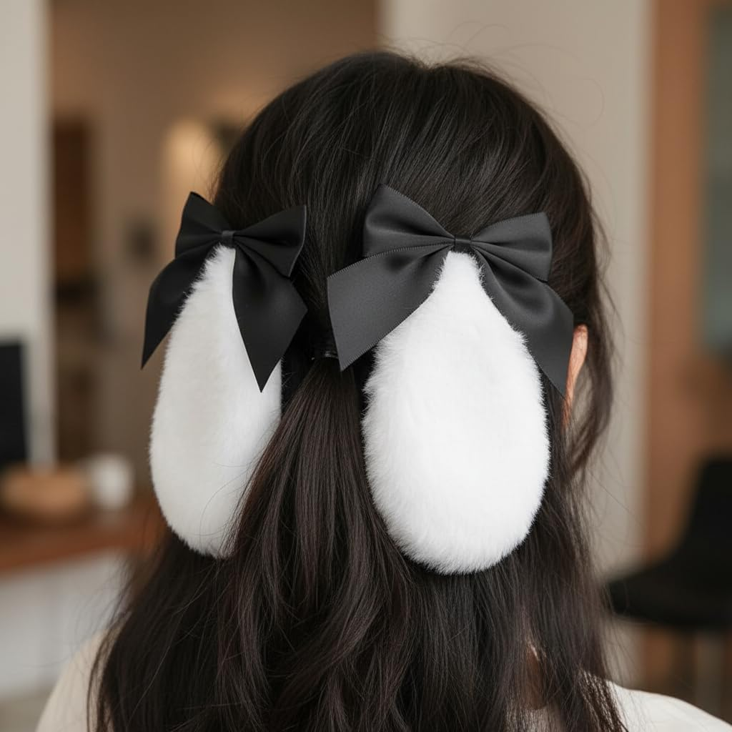 1 Pair Girls Bunny Plush Lop Ears Hair Clip Rabbit Furry Ears Ribbon Bow-Knot Hair Hairpin Cosplay Headwear Easy to Wear Ornaments,And Accessories Clips and Barrettes Accessories (Black) image number 6