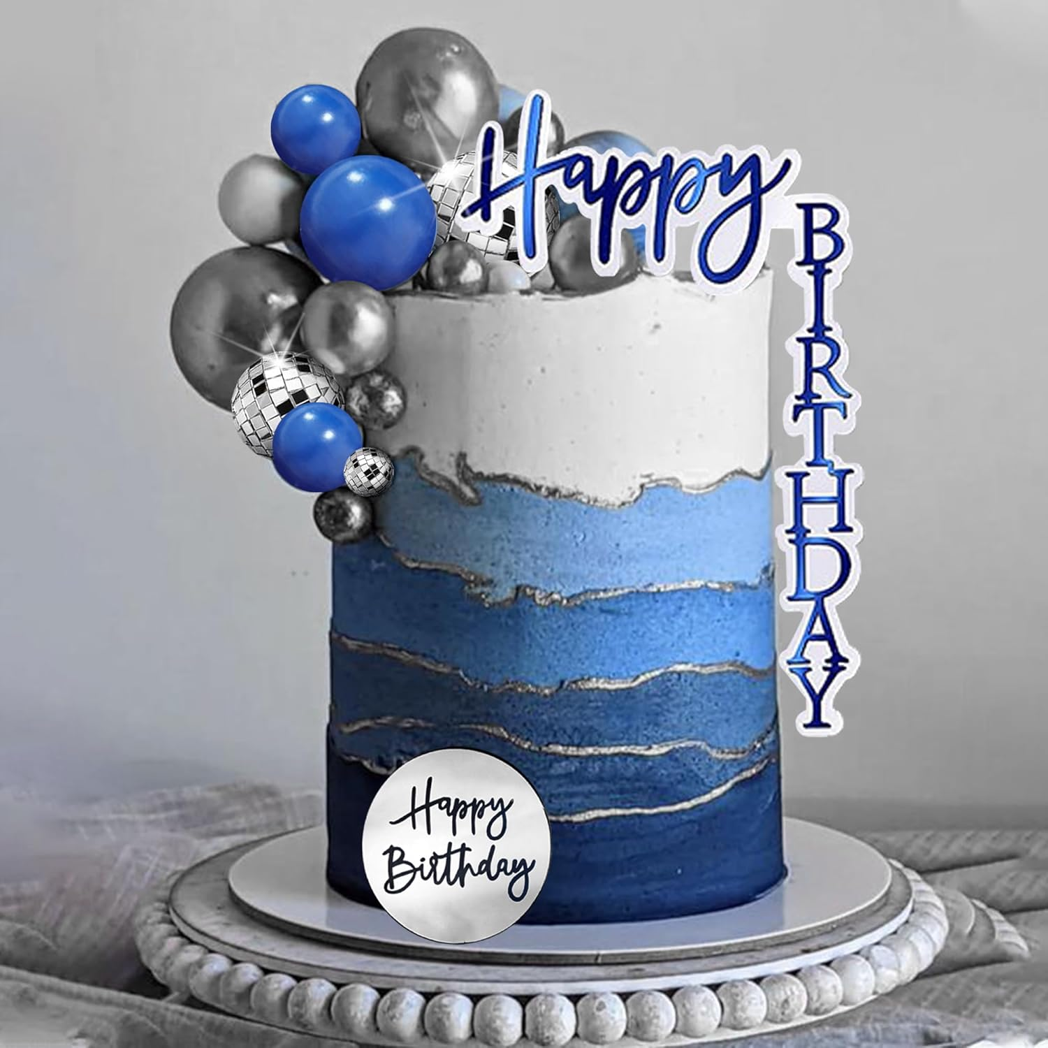 DRWATE Man Cake Topper Blue Silver Disco Ball Cake Topper Boho Cake Topper Decorations for Navy Blue Boho Wedding Man Boy Birthday Party Baby Shower Supplies (Blue 02) - Silver image number 7