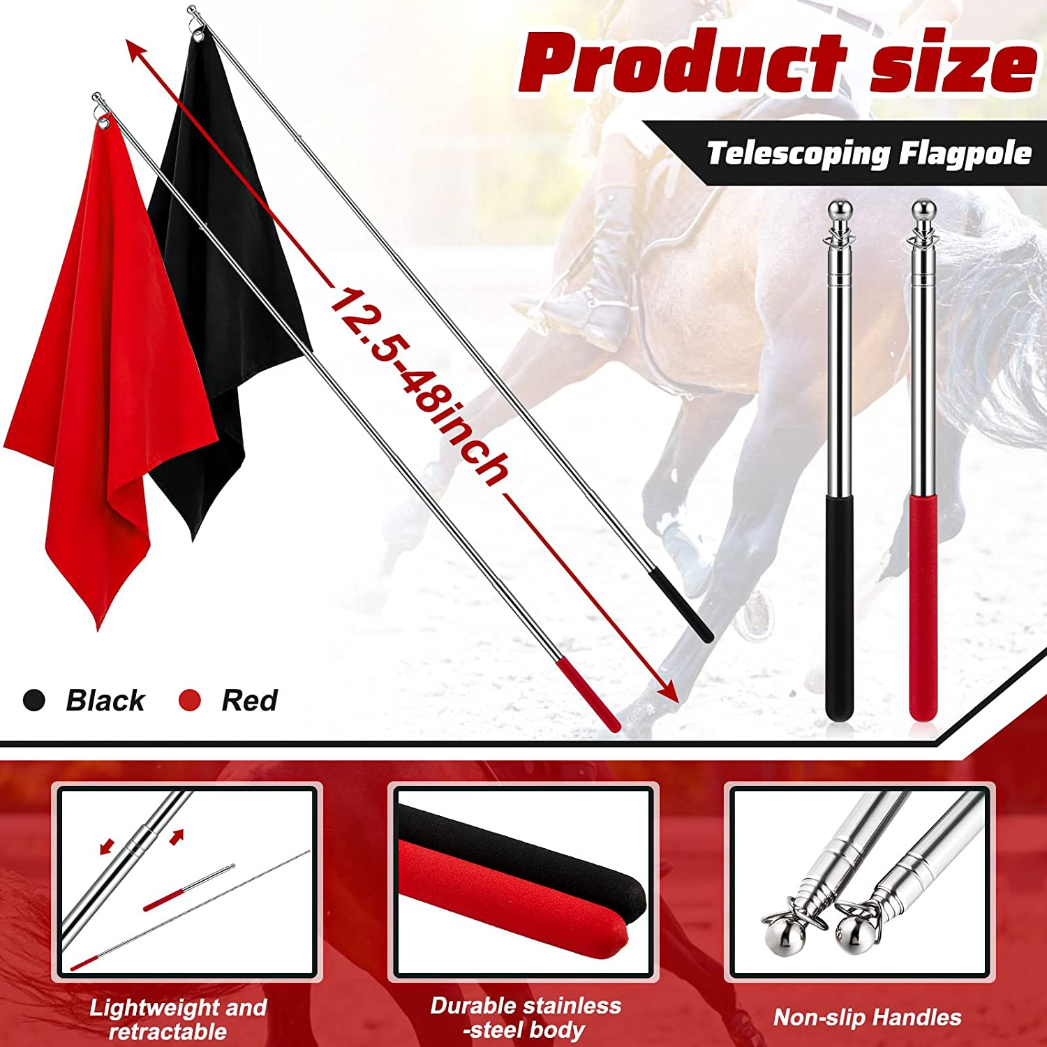 Sunnyray 48" Horse Training Flag Horse Training Equipment with 4 Feet Replacement Flags and Telescopic Handheld Flagpoles, Red, Black image number 4