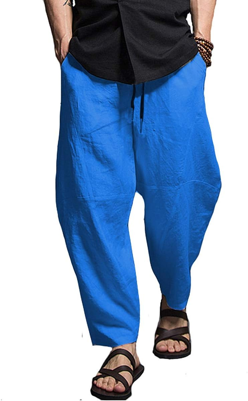 AITFINEISM Men'S Casual Linen Cotton Pants Comfy Loose Fit Elastic Waist Wide Leg Trousers image number 5