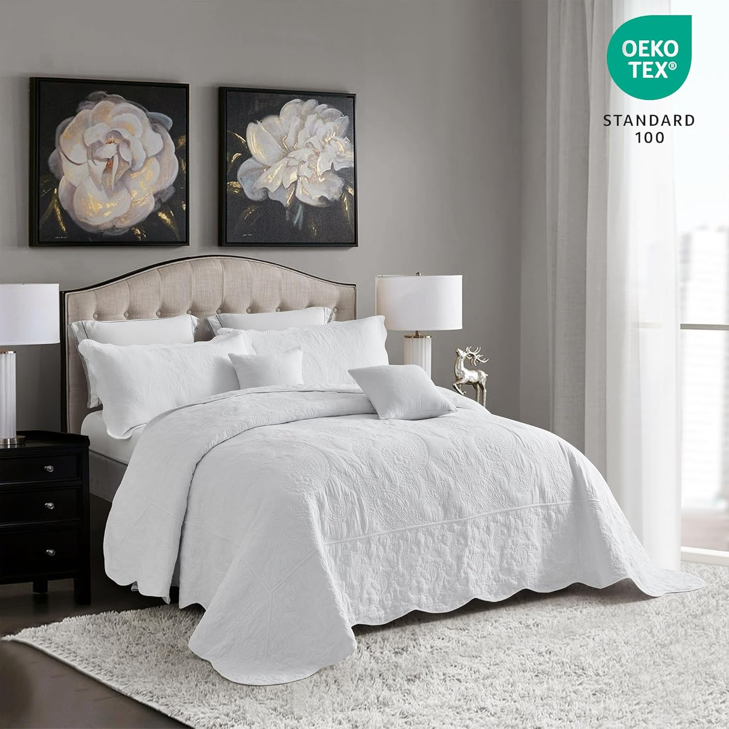 Blythease Oversized Queen Bedspread Cotton, Reversible Paisley Pattern Design, Lightweight Bedding Cover, 4 Piece Set - Queen, Pure White image number 2