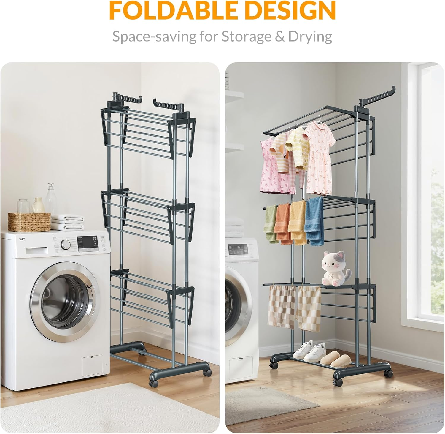 Hormes Clothes Drying Rack, Foldable 4 Tier Clothes Airer, Stainless Steel Clothes Horse with Two Side Foldable Wings, Laundry Drying Rack for Indoor & Outdoor Use, with Install-Friendly Hammer, Grey image number 3