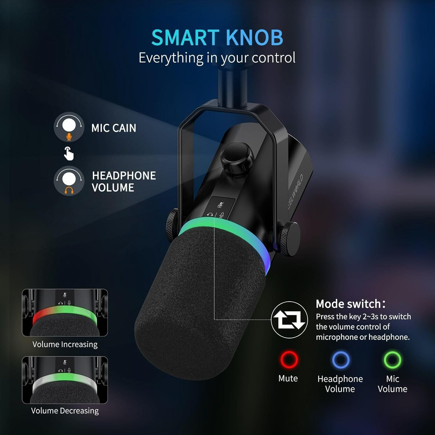 FEELWORLD PM1 Dynamic Microphone, PM1 XLR/USB Dynamic Metal RGB Lighting Microphone for Podcasting Recording Gaming Live Streaming image number 2