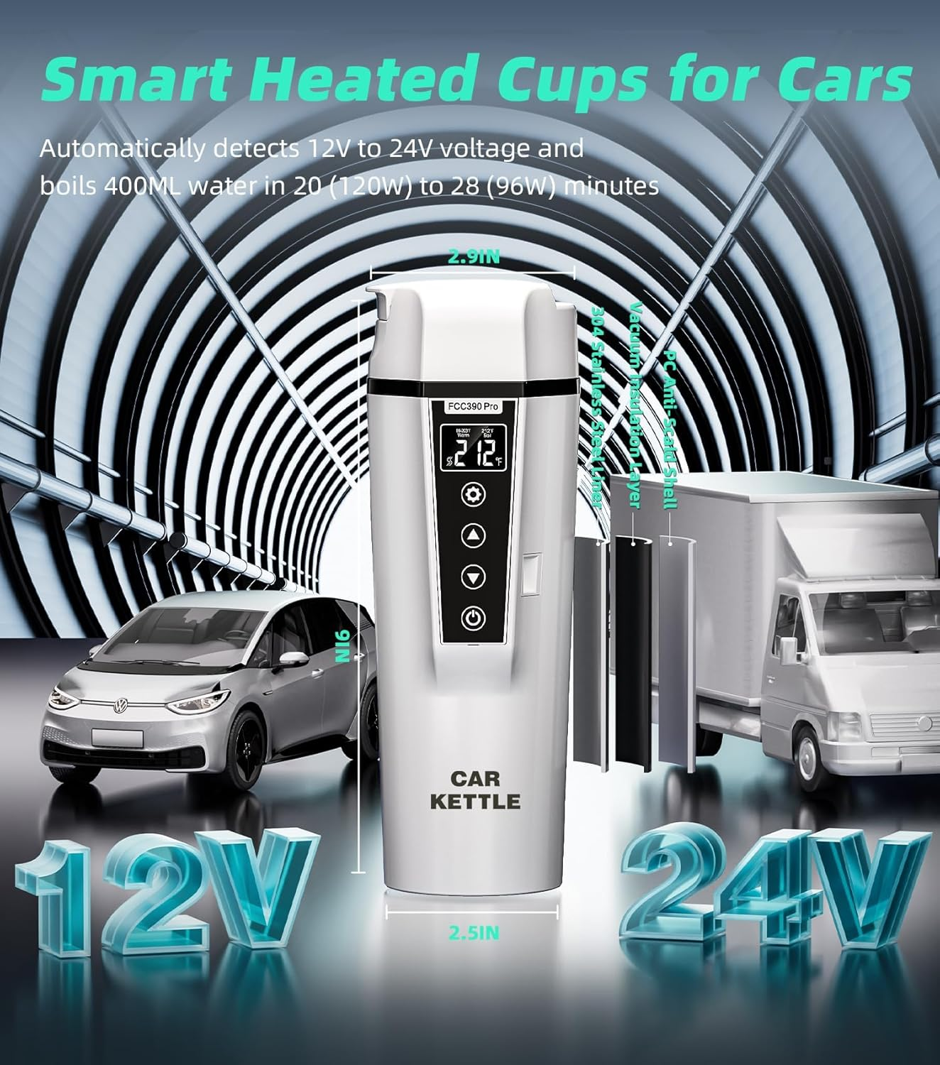 Kettles 12V/24V Mini Car Electric Kettle for Travel Camping Coffee Tea Milk Warmer Cup,Portable Water Boiler Heated Handy Travel Mug Stainless Steel Instant Hot Water Dispenser (White) image number 5