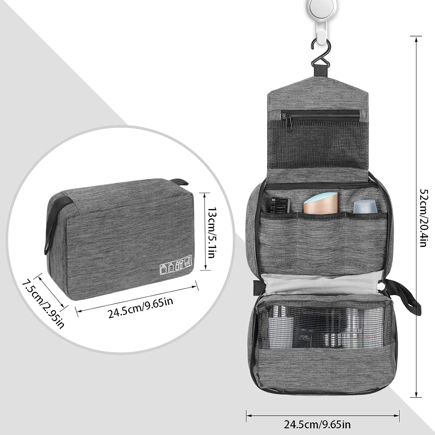 Xoxel Hanging Toiletry Bag with Handles Portable Wash Bag for Camping and Outdoor Wash Organiser + 2 Drawstring Pouches | Dry/Wet Separation Grey image number 5