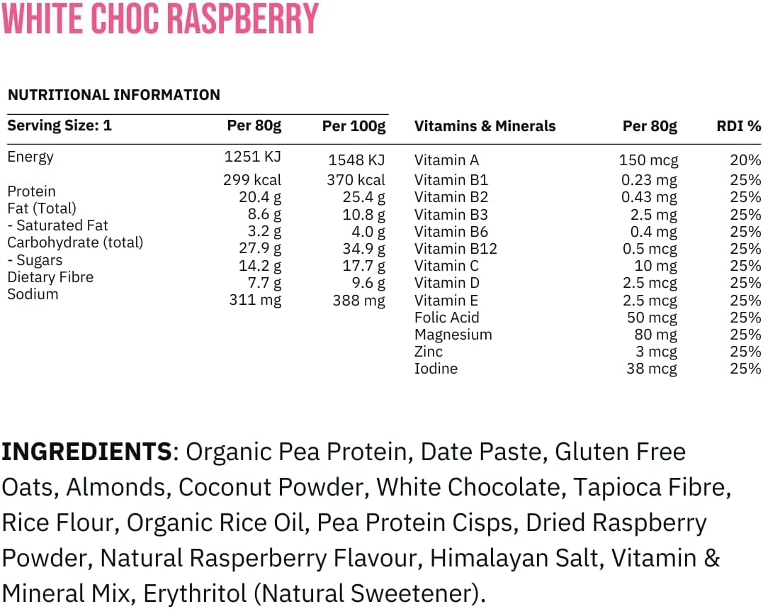 Vybey Complete Nutrition Meal Bars &ndash; 12 X 80G | 20G Protein | High Fibre | Essential Vitamins & Minerals | No Artificial Ingredients | Vegan & Gut-Friendly | White Choc Raspberry image number 4