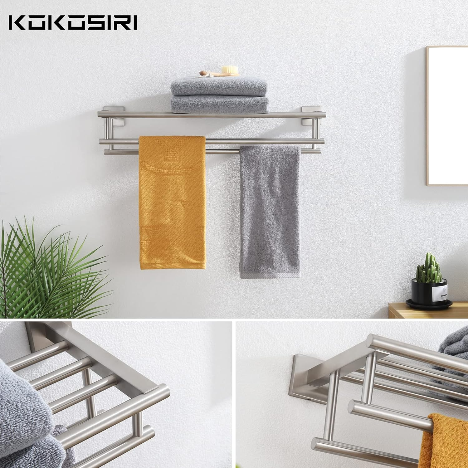 KOKOSIRI 20 Inch Towel Rail Towel Shelf with Double Towel Bars Bathroom Towel Rack Towel Holder Wall Mounted SUS 304 Stainless Steel, Brushed Nickel, B6005BR-L20 image number 3