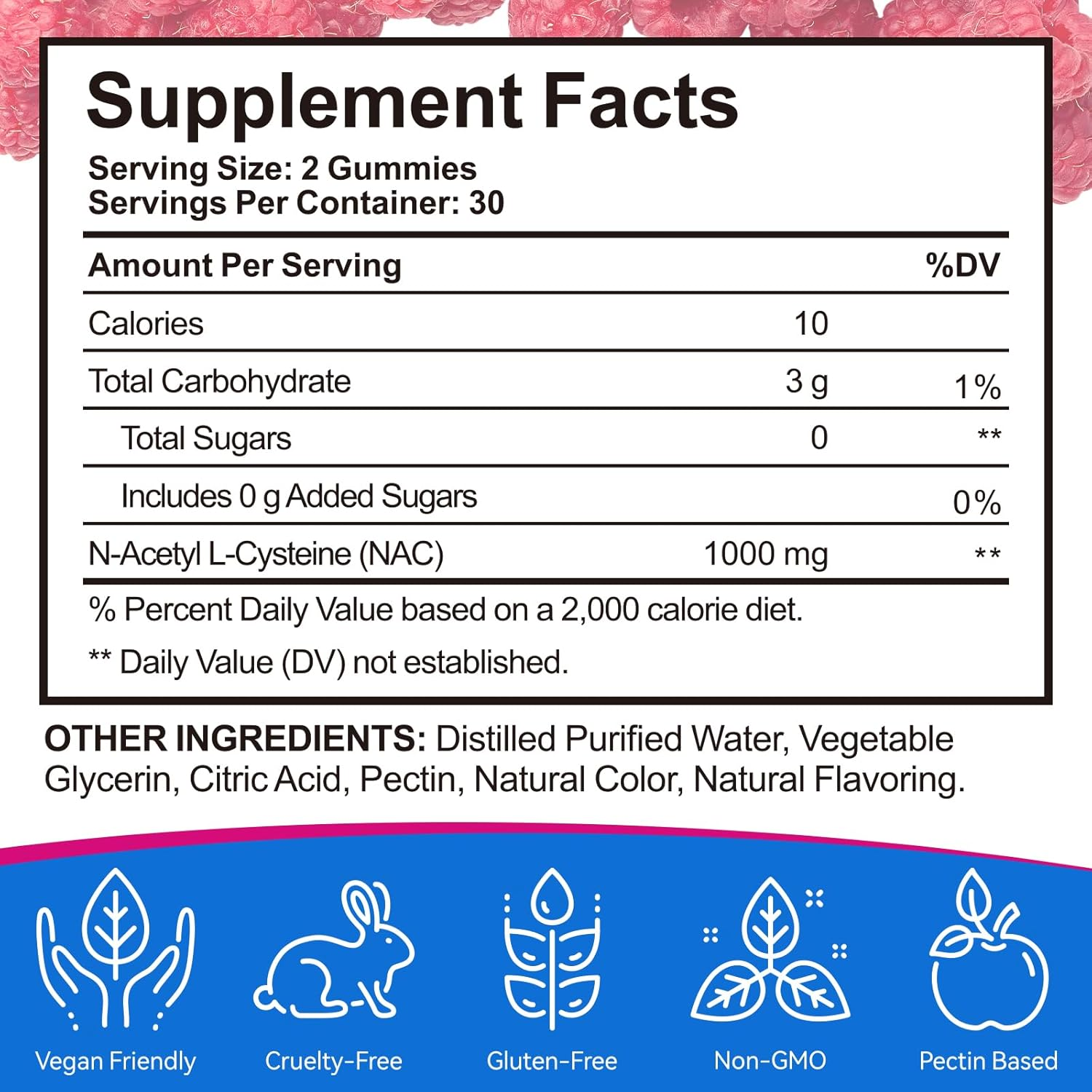 NAC N-Acetyl L-Cysteine Gummies | 1000Mg per Serving | Raspberry Flavour | 60 Vegan Gummies image number 6