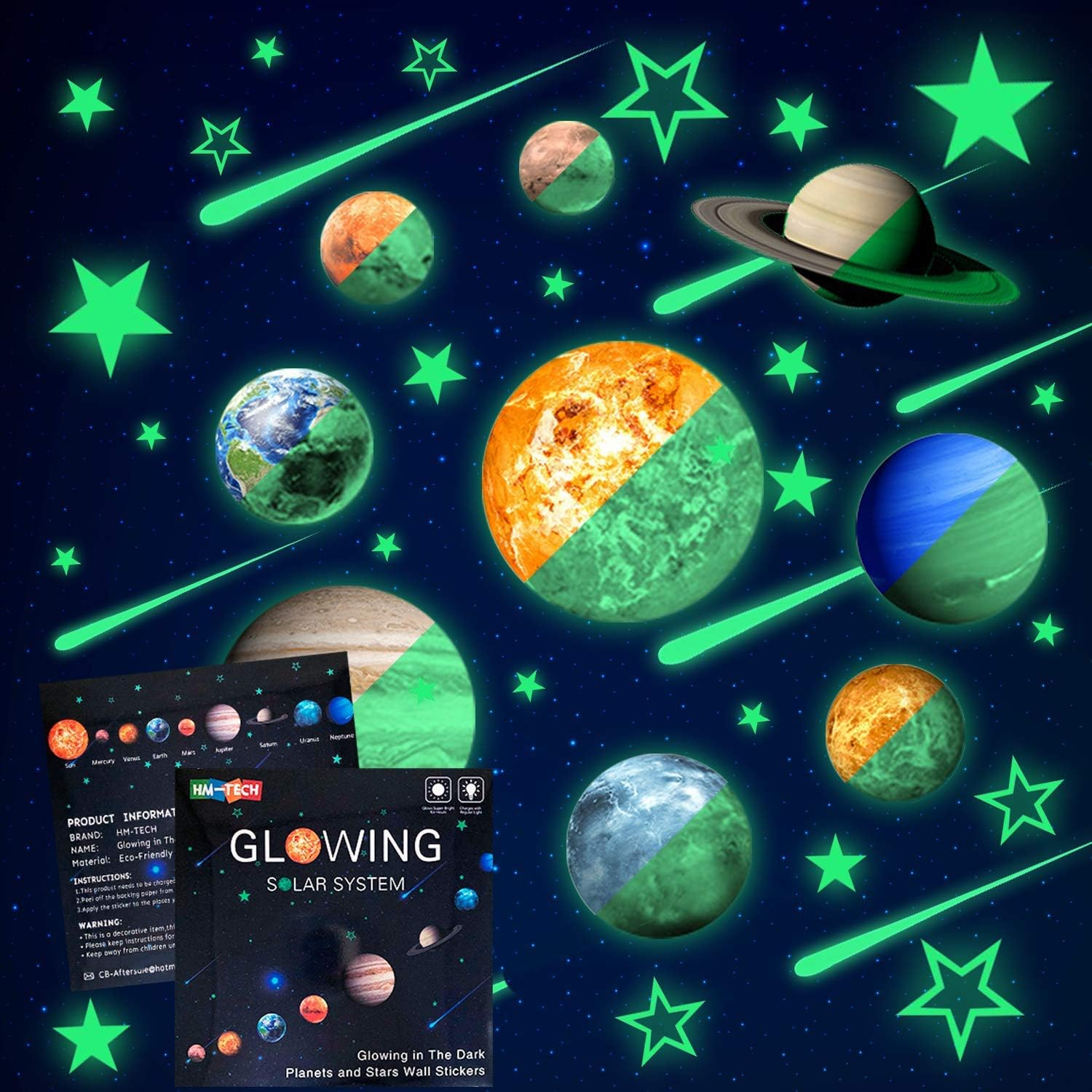Glow in the Dark Stars and Planets, Bright Solar System Wall Stickers -Sun Earth Mars,Stars,Shooting Stars and so On,9 Glowing Ceiling Decals for Bedroom Living Room,Shining Space Decoration for Kids