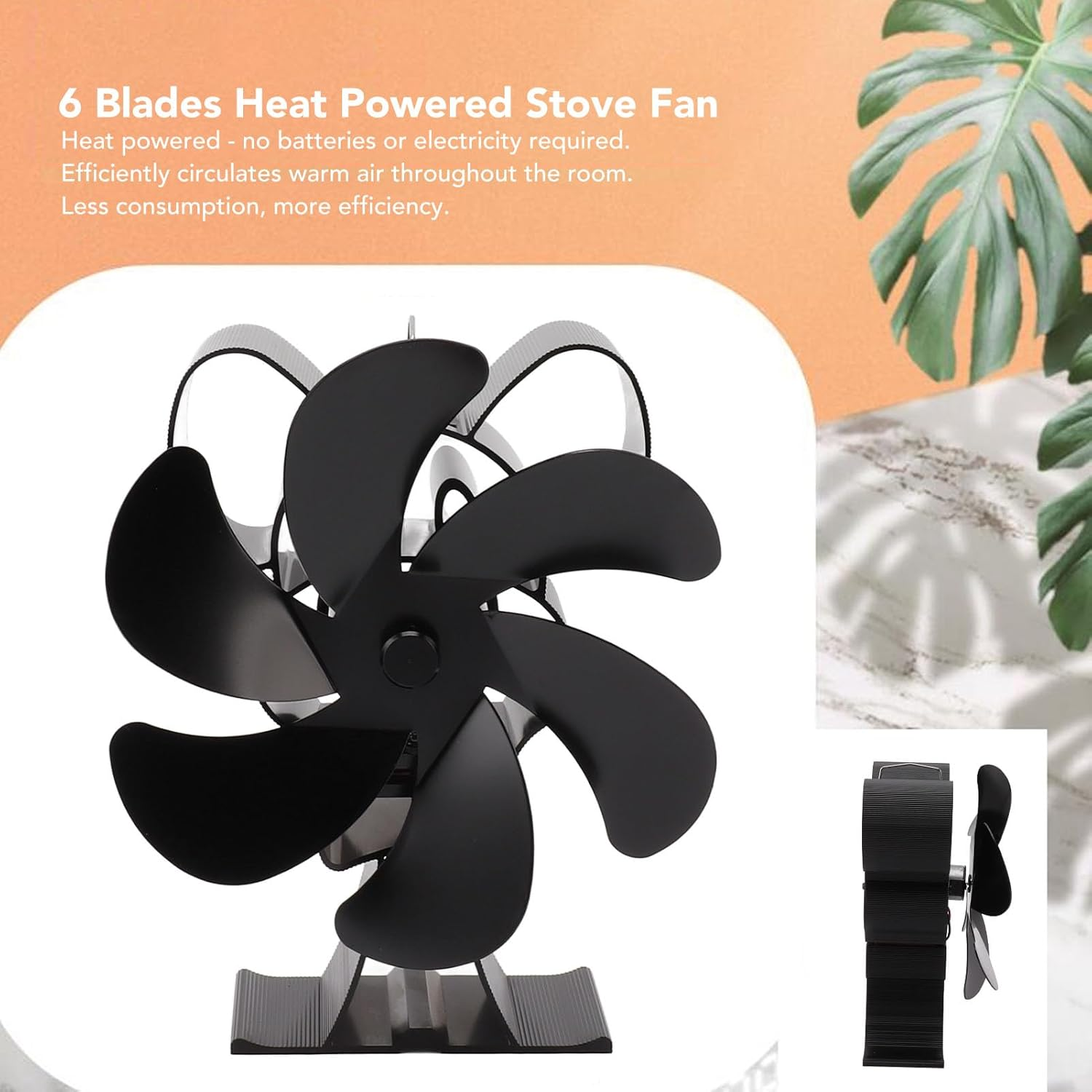 6 Blades Heat Powered Stove Fan Black Wooden Range Hood Fan Cooktop Fan for Melt, Fanner for Lt420, Fireplace Fans