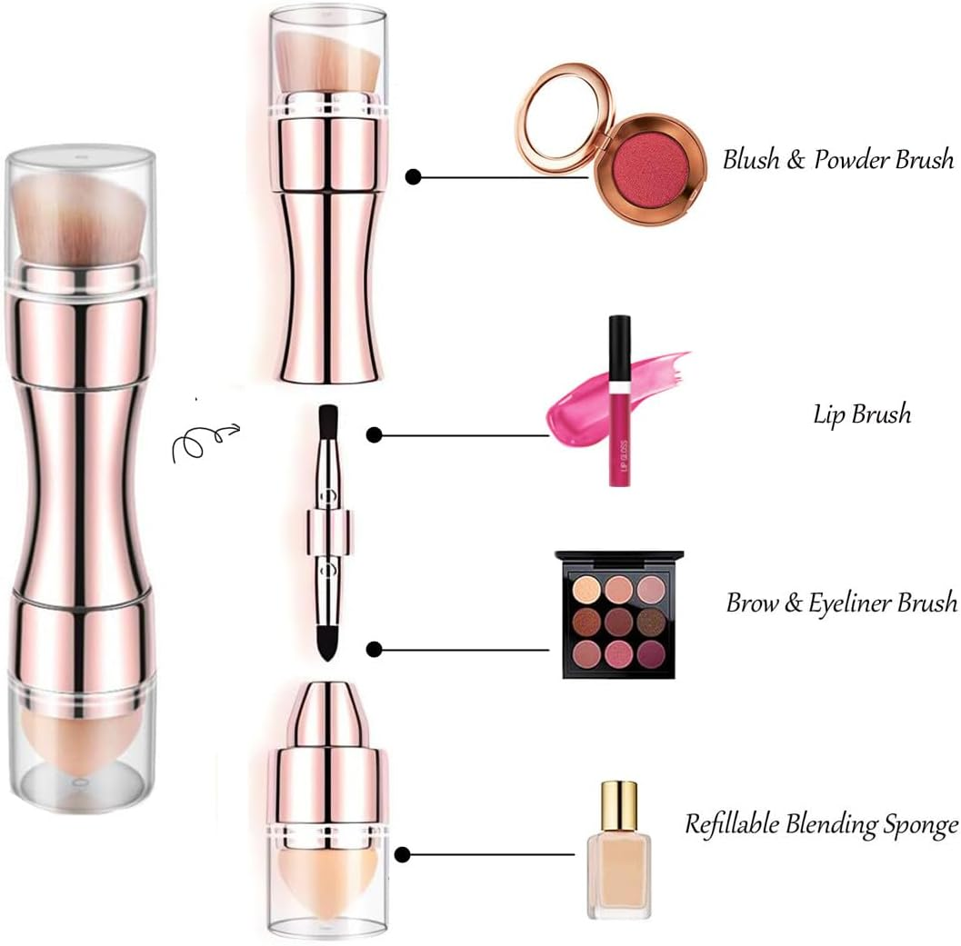Bling Toman 4 in 1 Makeup Brush, Eyeshadow Eye Lip Face Concealing Blush Foundation Brush All in One Retractable Travel Size Makeup Brush Set (Rose Gold Brush)