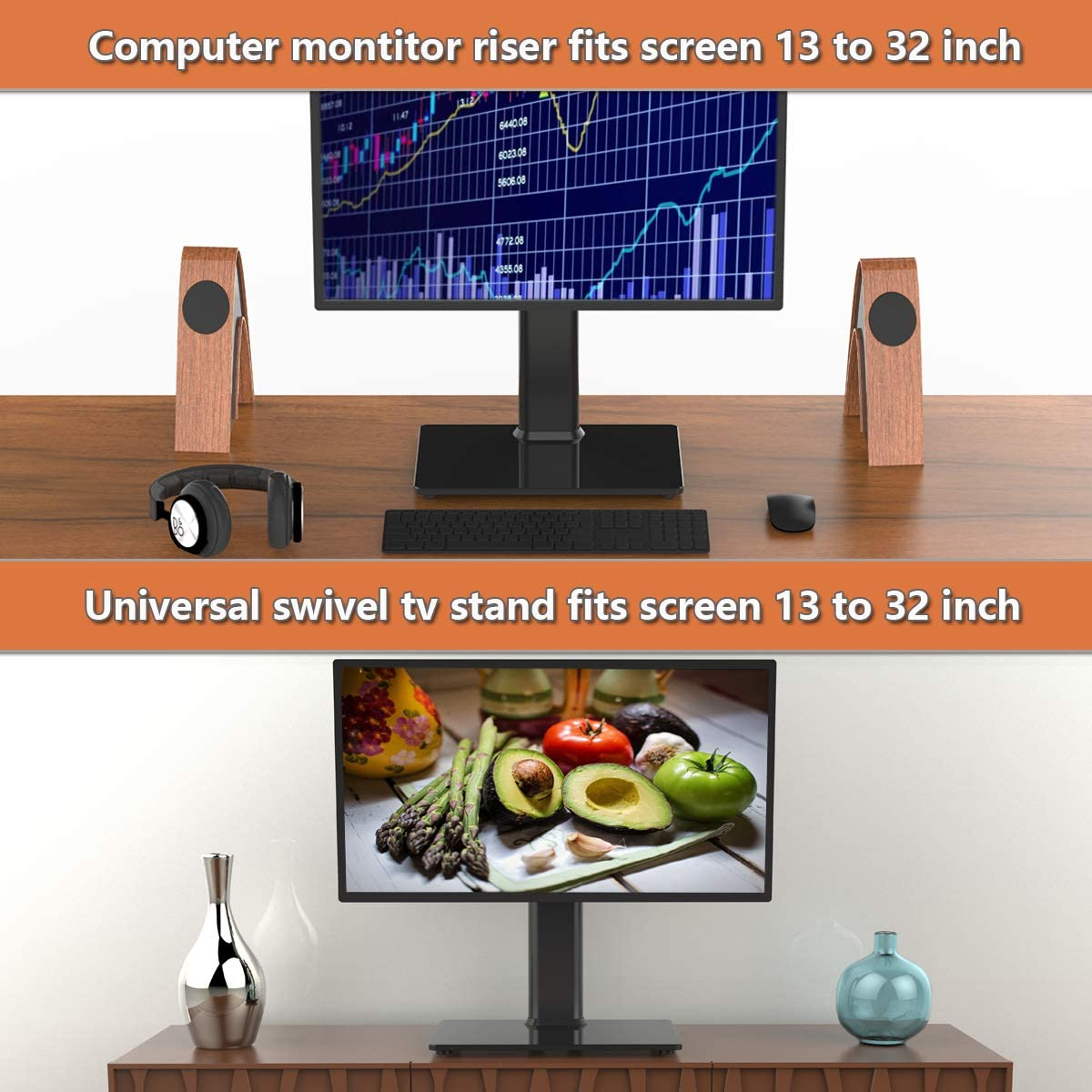 Hemudu 2 Pack Single LCD Computer Monitor Free-Standing Desk Stand Riser for 13 Inch to 32 Inch Screen with Swivel, Height Adjustable, Rotation, Holds One (1) Screen up to 35Kgs