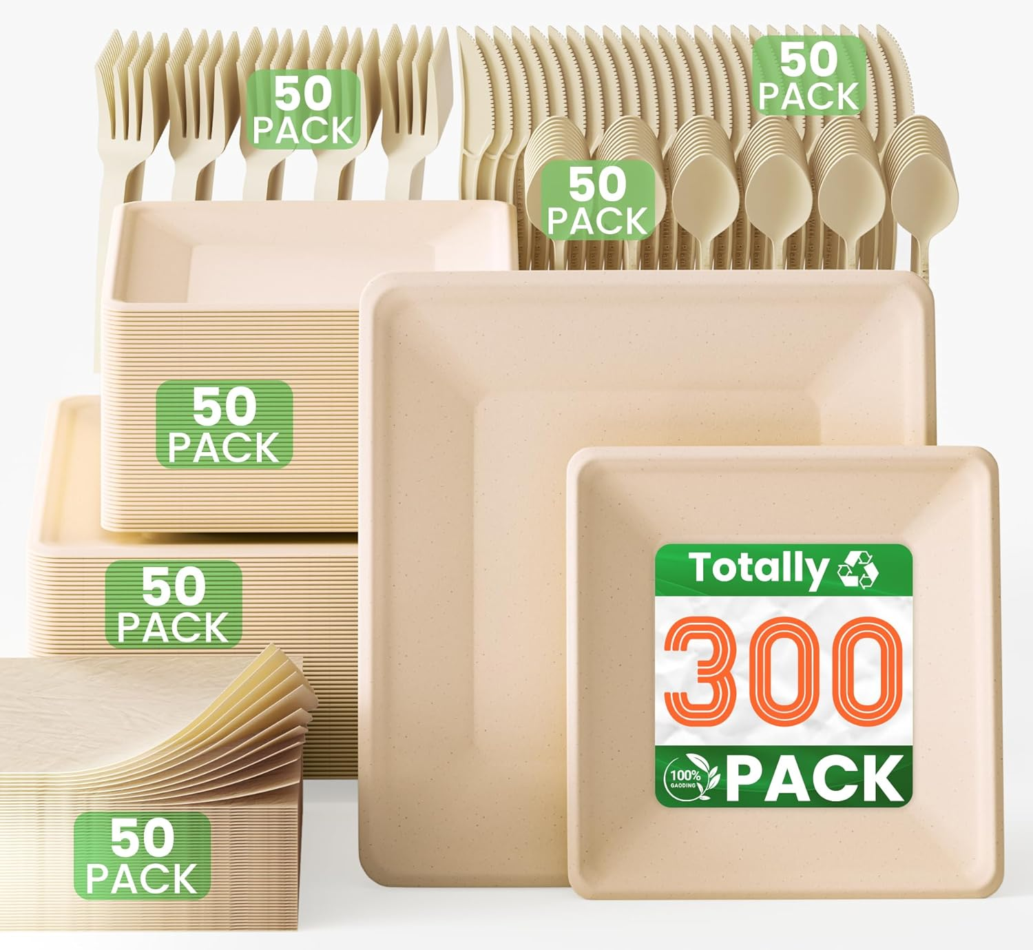 HEY BANK Disposable Paper Plates Set - 300 Pcs Party Plates Eco Friendly Dinnerware Set for 50 Guests - Biodegradable Plates, Forks, Knives, Spoons and Paper Napkins for Birthday, Camping, Wedding image number 5