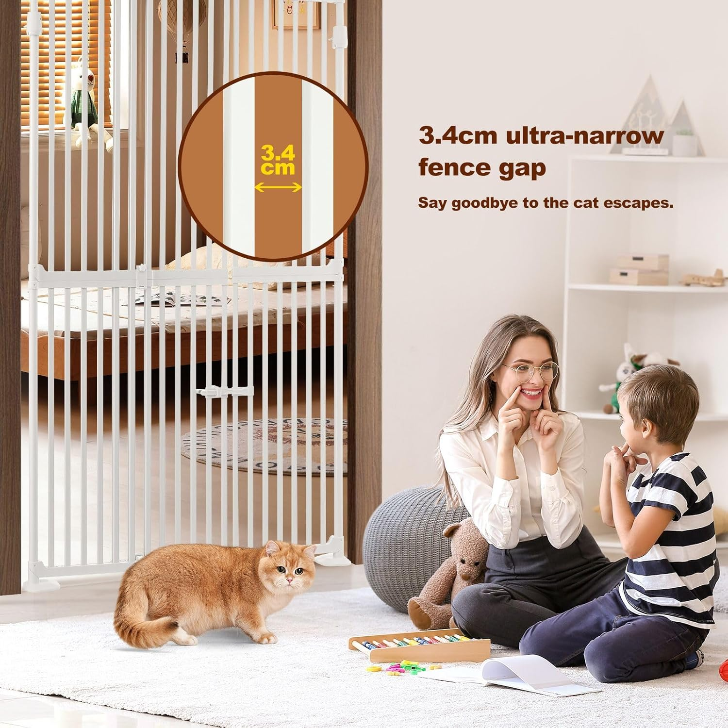 Pet Scene 185CM Retractable Pet Safety Gate for Dog Cat Adjustable Width 85-122CM, Extra Tall Fence Enclosure Guard Security Barrier Fencing for Stairs Doorway Kitchen, Measure Height 190-250CM, White - White - Extend Width 85-122Cm image number 6