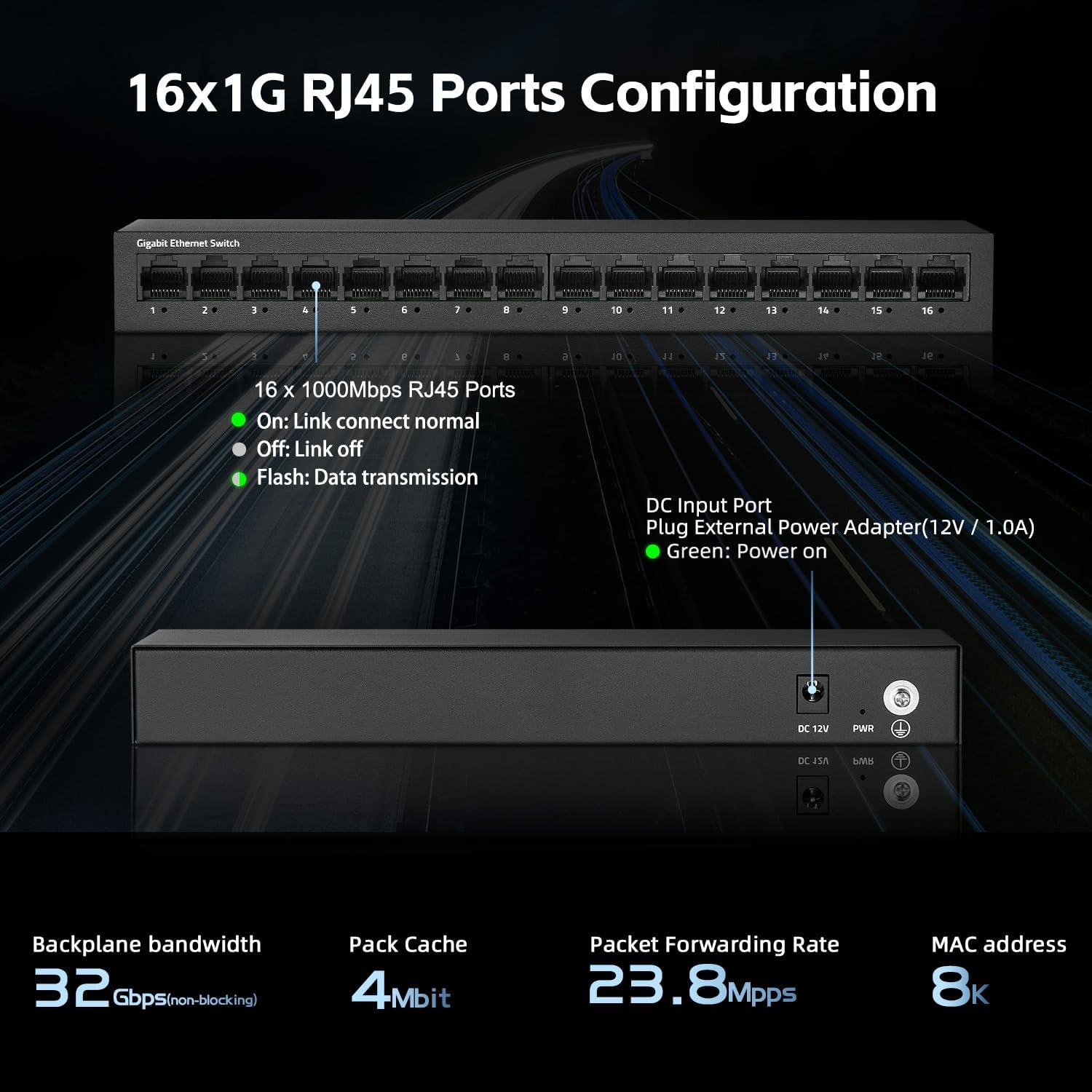 Mokerlink 16 Port Gigabit Ethernet Switch, Fanless Metal Rack Mount Unmanaged Plug and Play Network Switch image number 3