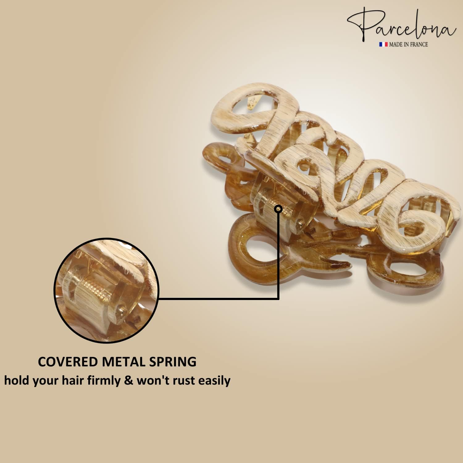 Parcelona French Love Medium 3" Celluloid Acetate Claw Clips Covered Spring Durable Fashion Hair Styling Clips Women Hair Accessories Girls Hair Clips, Made in France (Dusty Beige Brown) - Tortoise Shell Brown image number 6