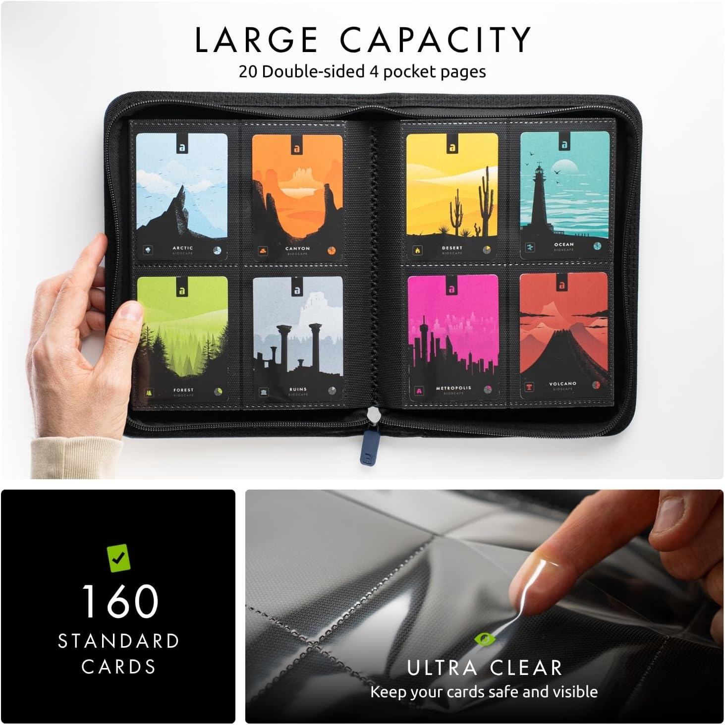 Vault X 4 Pocket Trading Card Zip Binder, 160 Cards, Premium Exo-Tec Album Material, 20 Side-Loading Pages, Folder for Collectible Card Games, Sports, TCG (Blue)