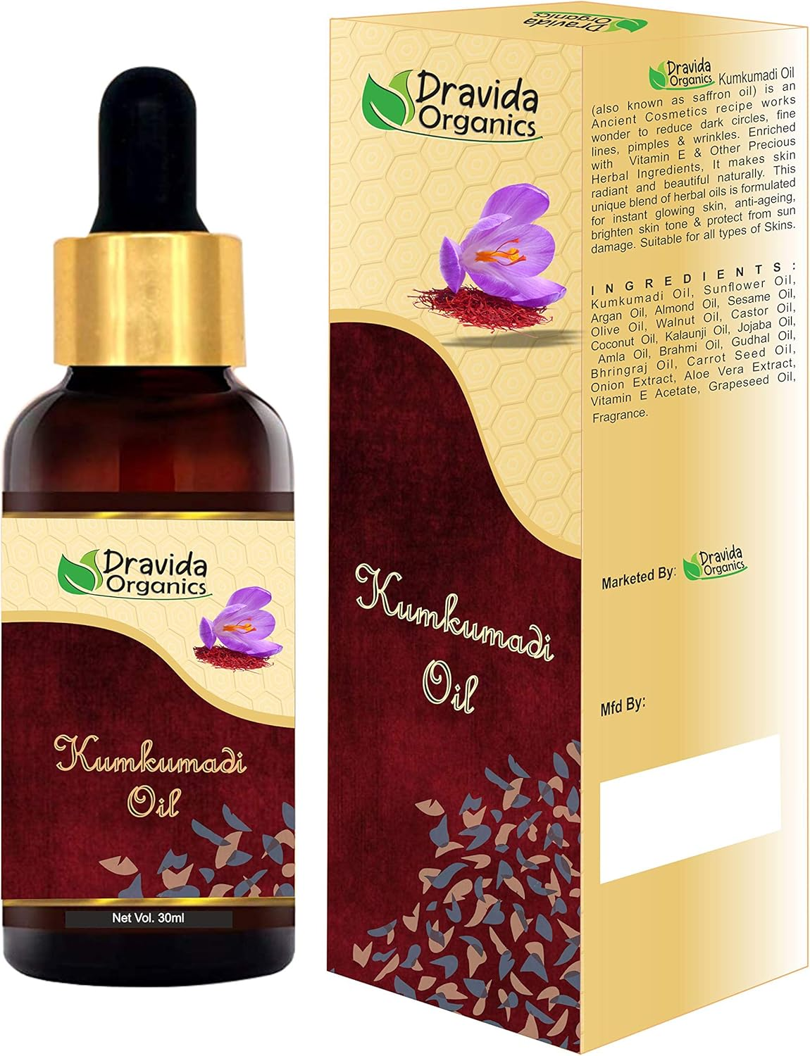 Dravida Organics Kumkumadi Oil Enriched with Gold Dust for for Glowing, Spotless, Anti-Ageing & Radiant Skin - 30Ml image number 2