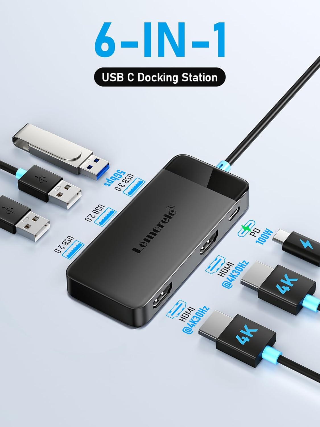 Lemorele 6 in 1 Docking Station Dual Monitor - USB C Hub W/ 4K HDMI*2, 5Gbps USB 3.0 * 3, USB C PD 100W Fast Charging - Plug and Play for Laptop Dell Lenovo HP Macbook Surface image number 5