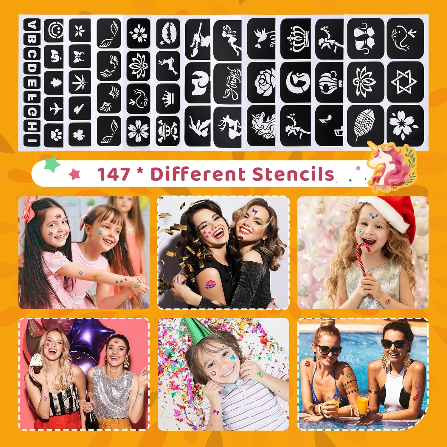 Glitter Tattoo Kit, Bledras 30 Colors Temporary Tattoo Set for Girls, 147 Stencils, 4 Brushes, 2 Glue, Glitter Tattoos for Kids or Adults, Gifts for Girls Boys, Halloween Birthday Festival Party - Multicolour image number 2