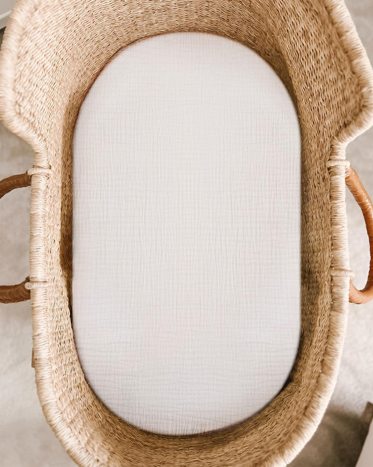 Bassinet Sheet for Baby Boy and Girl, Fitted Sheets for Rectangle, Oval, Hourglass Bassinet Mattress, Muslin Moses Basket Sheets with Neutral Style (White) image number 4