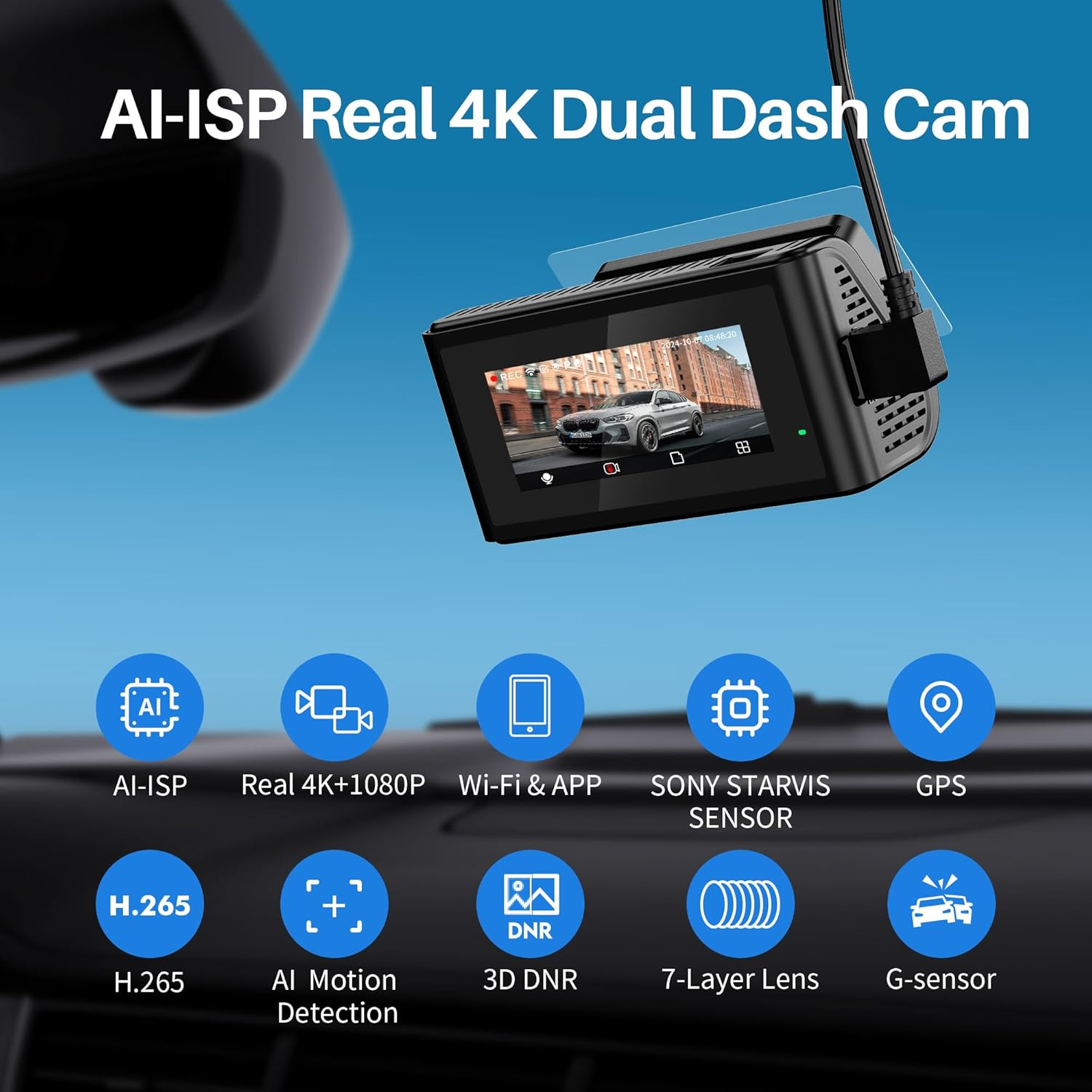 KAWA 4K Dash Cam Front and Rear, AI-ISP Ture Color Night Vision, 3.16" IPS Screen, GPS, G-Sensor, AI Parking Motion Detection, WDR, UHD 4K+1080P Car Camera Dashcams with 64G Micro SD Card, D11 image number 3