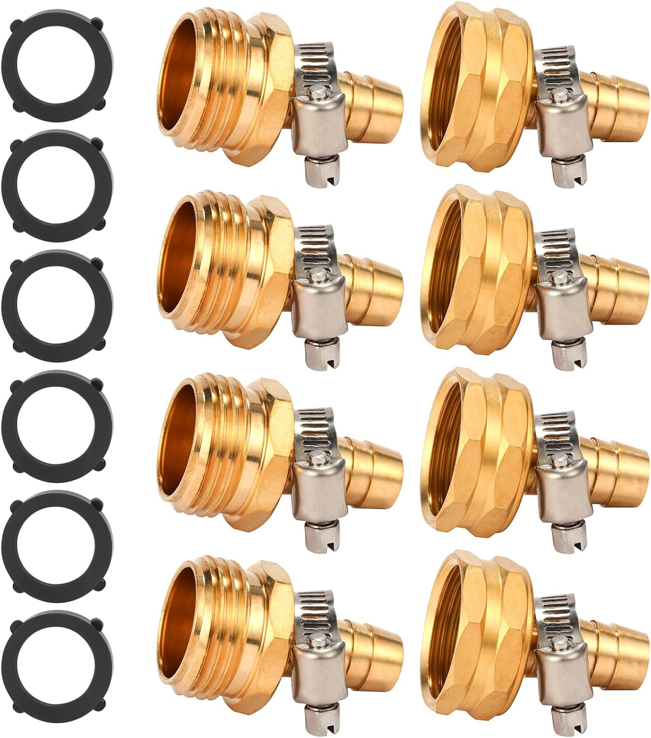 Brass Garden Hose Connector Repair Mender Kit with Stainless Clamp,Fits 1/2" Water Hose Fitting,2 Sets(1/2" Barb X 3/4" GHT) image number 2