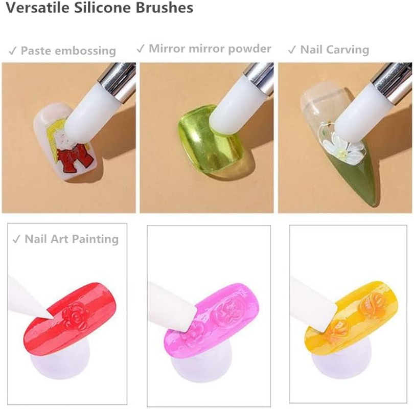 FULINJOY 5PCS Dual-Ended Nail Art Sculpture Pen Dotting Tools, Silicone Nail Polish Brushes Stainless Steel Carving Drawing Dotting Tool, Acrylic Rhinestone Handle, Nail Art Tools image number 1