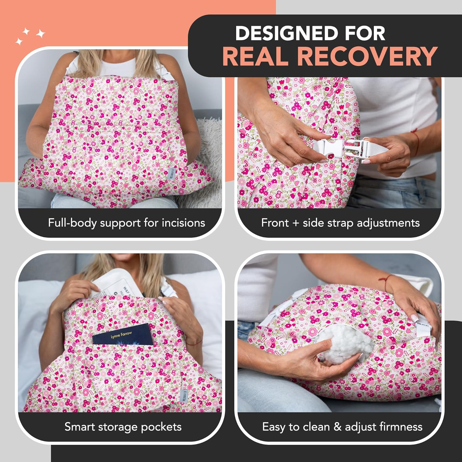 Hysterectomy Pillow for Abdominal Surgery, C Section Pillows, Post Hysterectomy Recovery Must Haves, Recovery Gifts Products, after Surgeries Tummy Tuck Pillow, Heart Surgery Pillows - Pink Flower image number 2