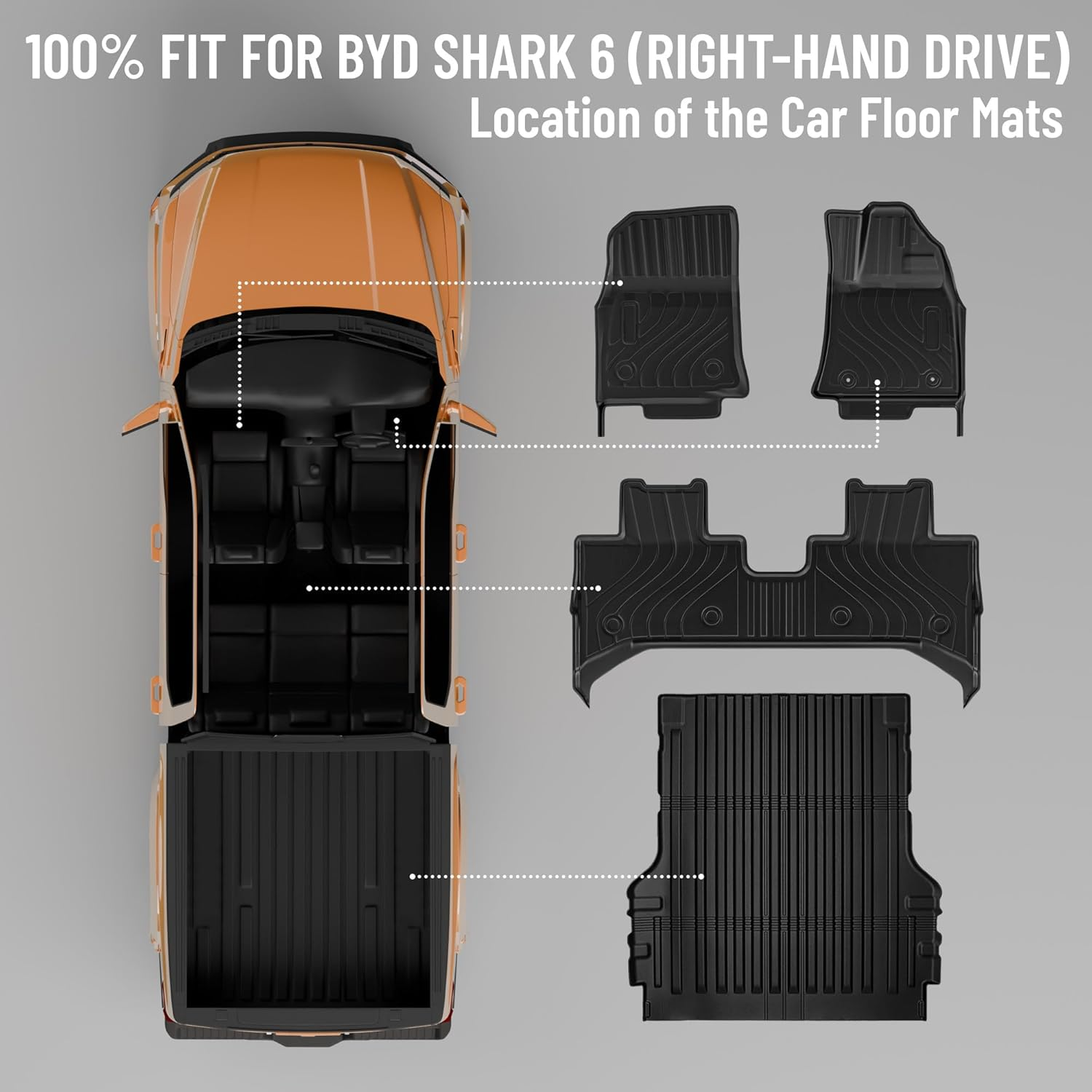 Car Floor Mat Suitable for 2024 BYD Shark 6, Australian Right Hand Drive, 4PCS Waterproof Boot Liner Trunk Mat, Front and Rear 3D TPE Anti-Slip Pads, All Weather Protection Car Mats image number 2
