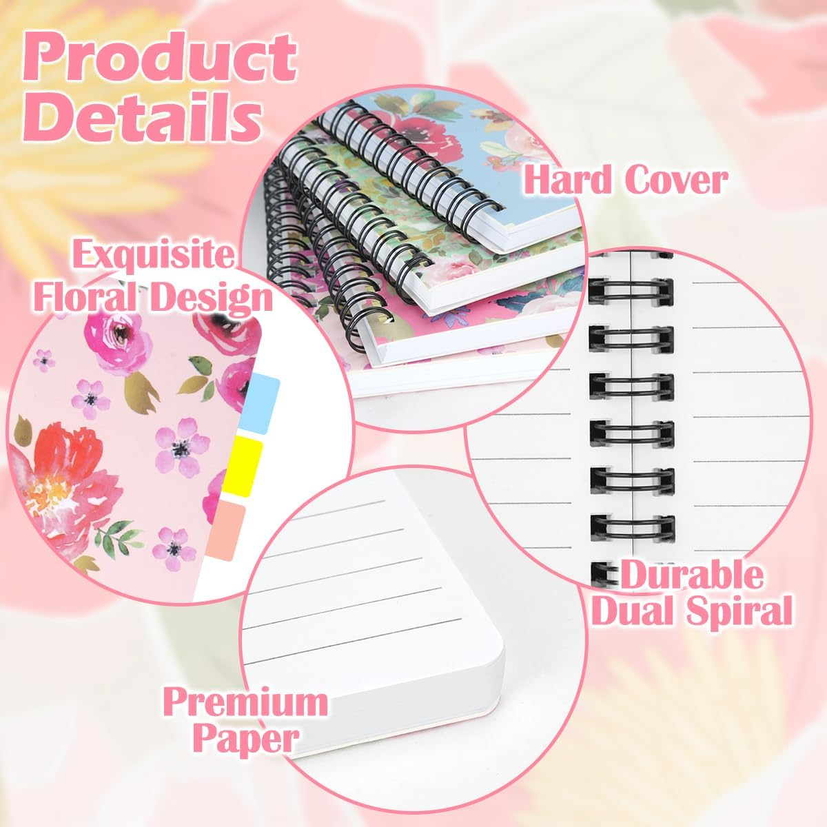 4 Pack A5 Spiral Notebook with 60 Pcs Tabs, Flower Design Line Journal, Hardcover Subject Notebook College Ruled, 80 Sheets/160 Pages Thick Paper Smooth Writing Aesthetic for School Students Women image number 1