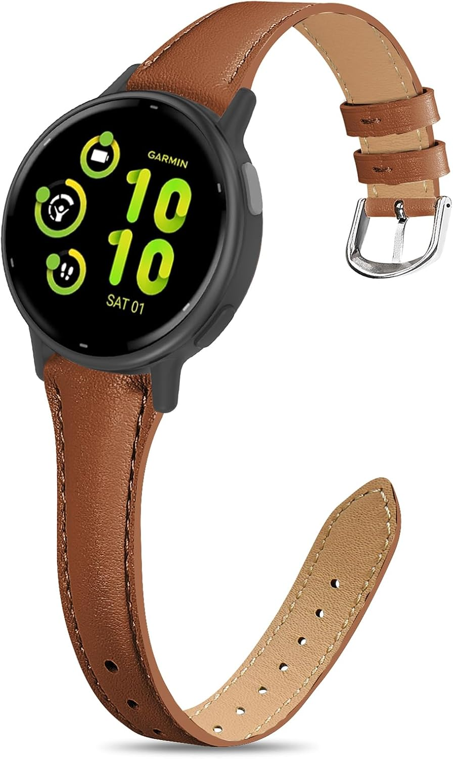 Slim Leather Band Compatible with Garmin Vivoactive 6/Vivoactive 5/3/3 Music, 20Mm Genuine Leather Thin Soft Narrow Replacement Strap for Venu Sq 2/Venu 2 Plus/Forerunner 165/55/245/645 Music