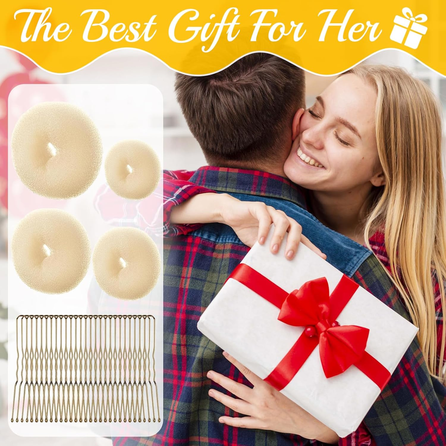 Soundzero 4-Piece Doughnut Hair Bun Set, Doughnut Hair Updo Accessories, Updo Accessories, Hair Doughnut Maker Set, for Hairstyle Dancers, Children, Girls, Women, Comes with 20 Hair Pins (Gold) image number 1