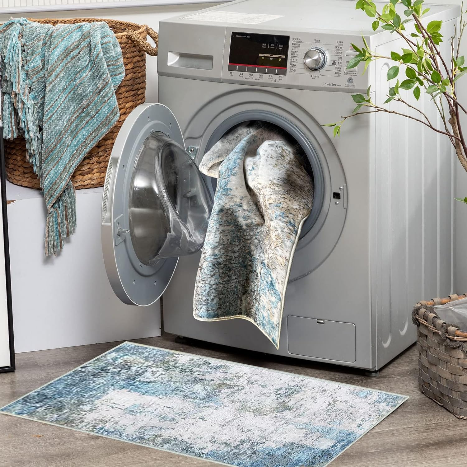 Hallway Runner Non-Slip Carpet Runner for Hallways, Kitchen & Living Room Washable Lightweight (Cream/Blue, 60 X 180 Cm) image number 3