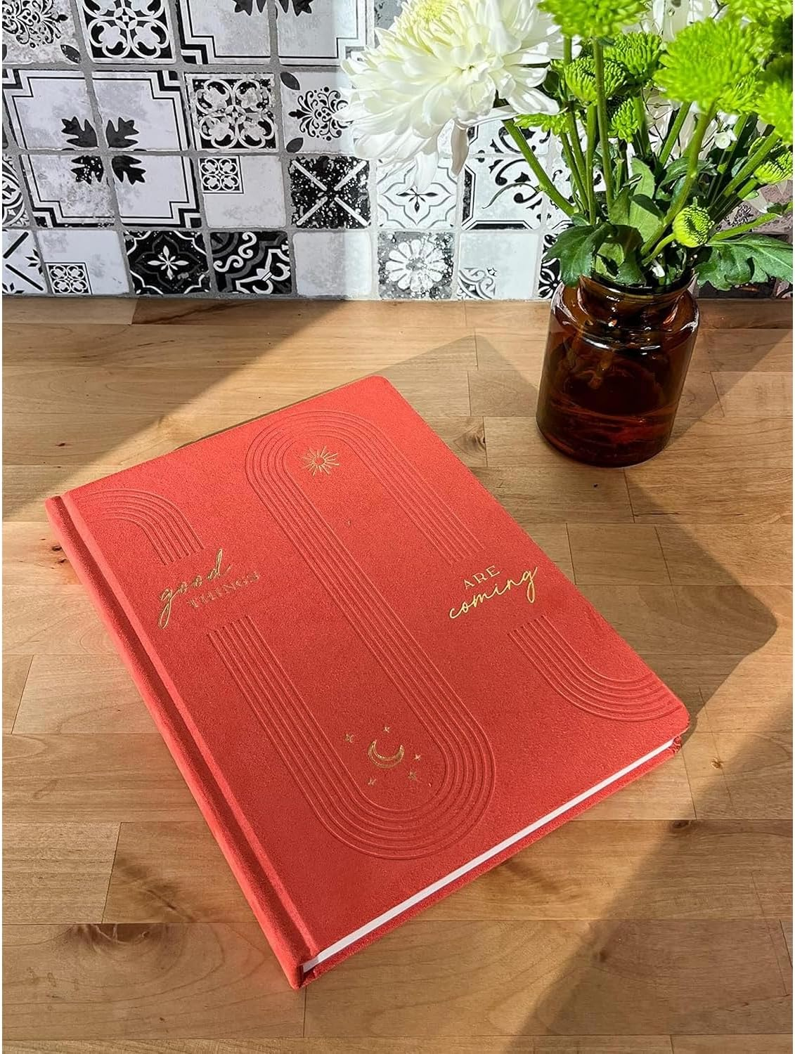 Designworks Ink Good Things Are Coming Orange 7.5" X 10.25" Jumbo Journal Notebook with Vegan Suede, Gold Arches Accents, Lined Pages, Ribbon Marker for Work, Writing, Journaling image number 3