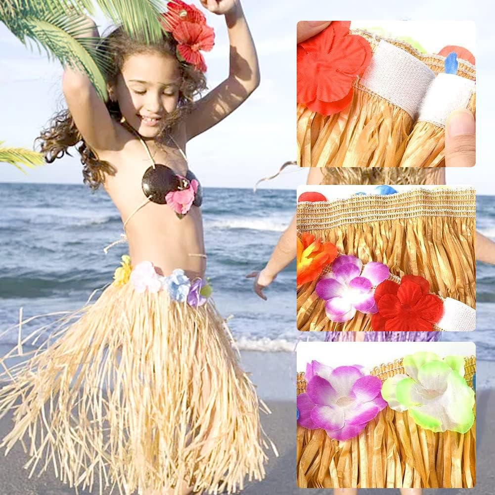 Homiliky 6 Pcs 40Cm Hula Grass Skirt Hawaiian Leis Dance Dress Set with Flower,Elastic Skirt Golden Straw Color for Hawaiian Aloha Beach Summer Party Supplies image number 4