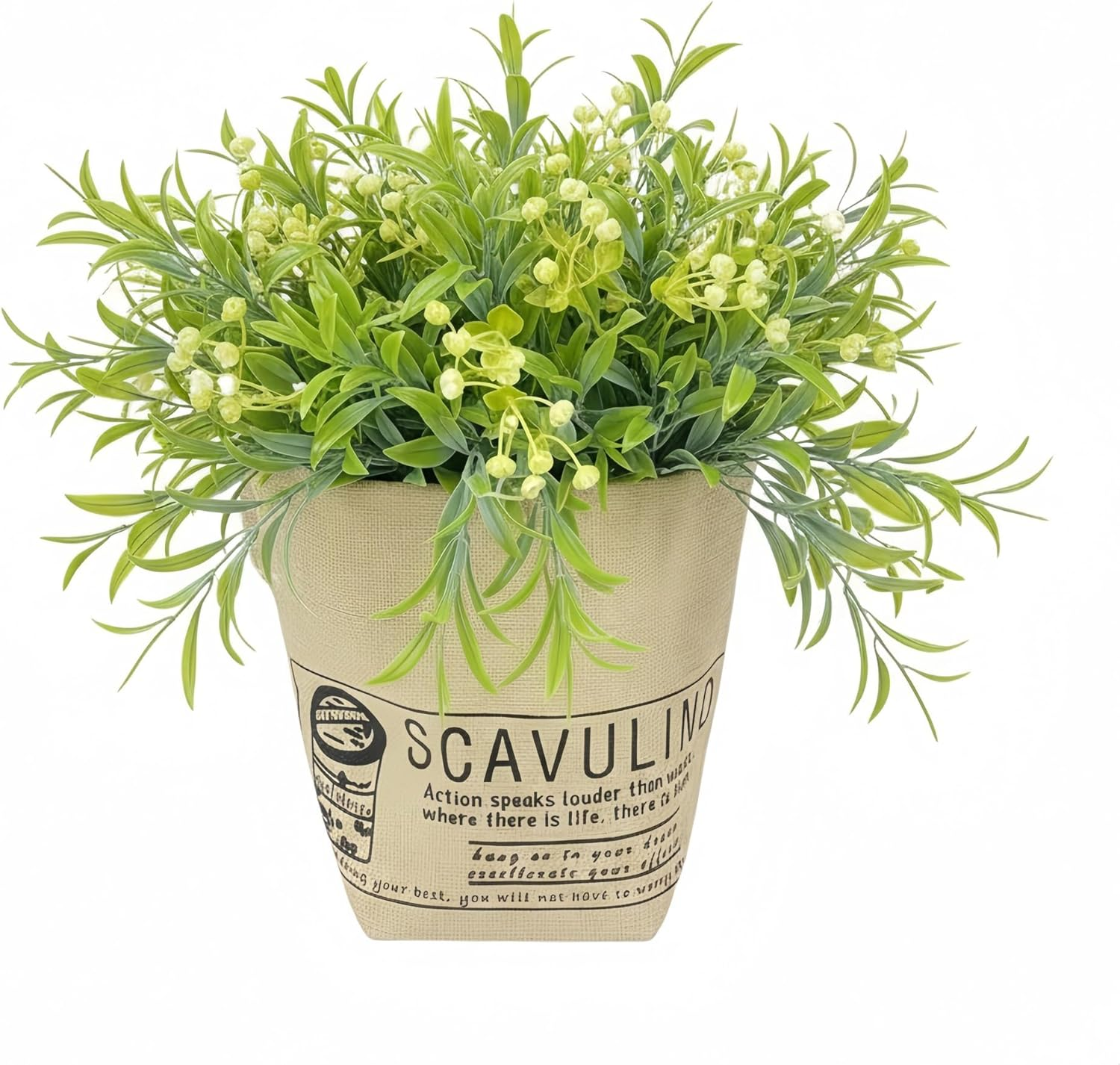 N&zwnj;Oristyle White Artificial Flowers with Burlap Bag &ndash; Subtle Sheen Small Potted Fake Plastic Baby'S Breath Flowers 6-Pack for Spring Summer Home Indoor Table Wedding Outdoor Porch Garden Decor