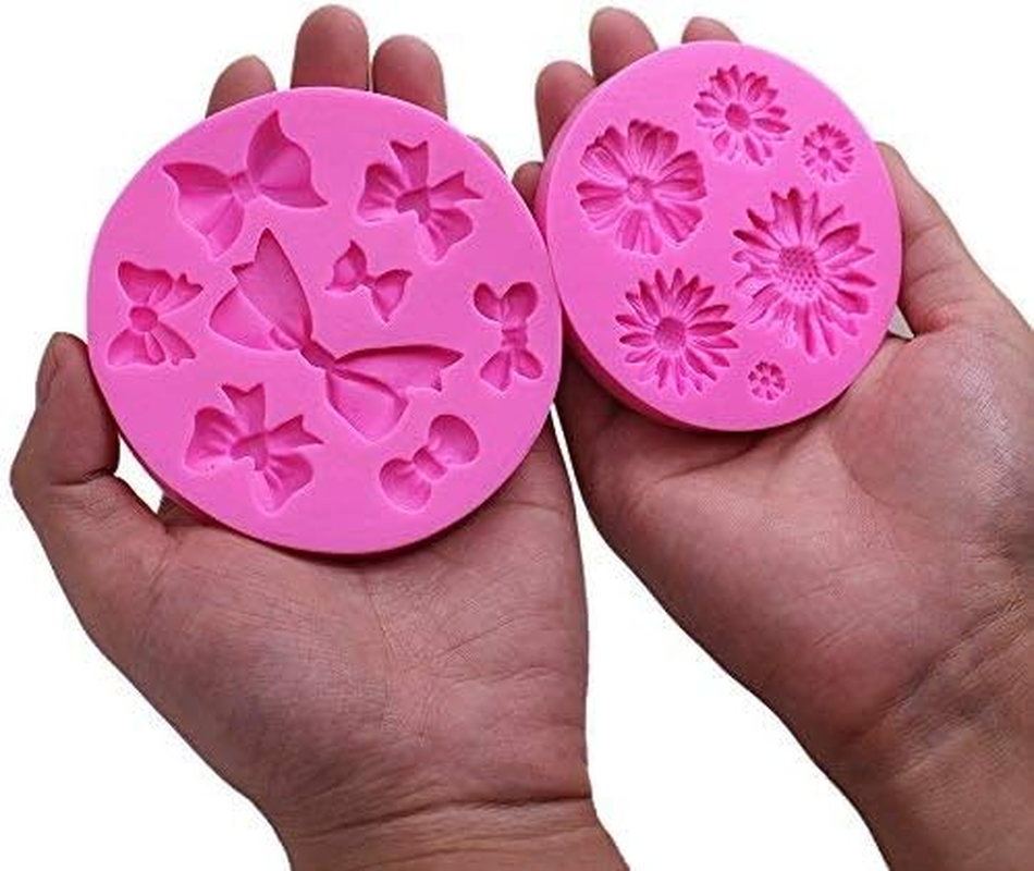 2 Pieces Decorative Silicone Molds, Chrysanthemum Flower and Bow Tie Shaped, Finegood Chocolate Fondant Clay Sugar Craft Soap Decoration Molds DIY Baking Cake Tool - Pink image number 1